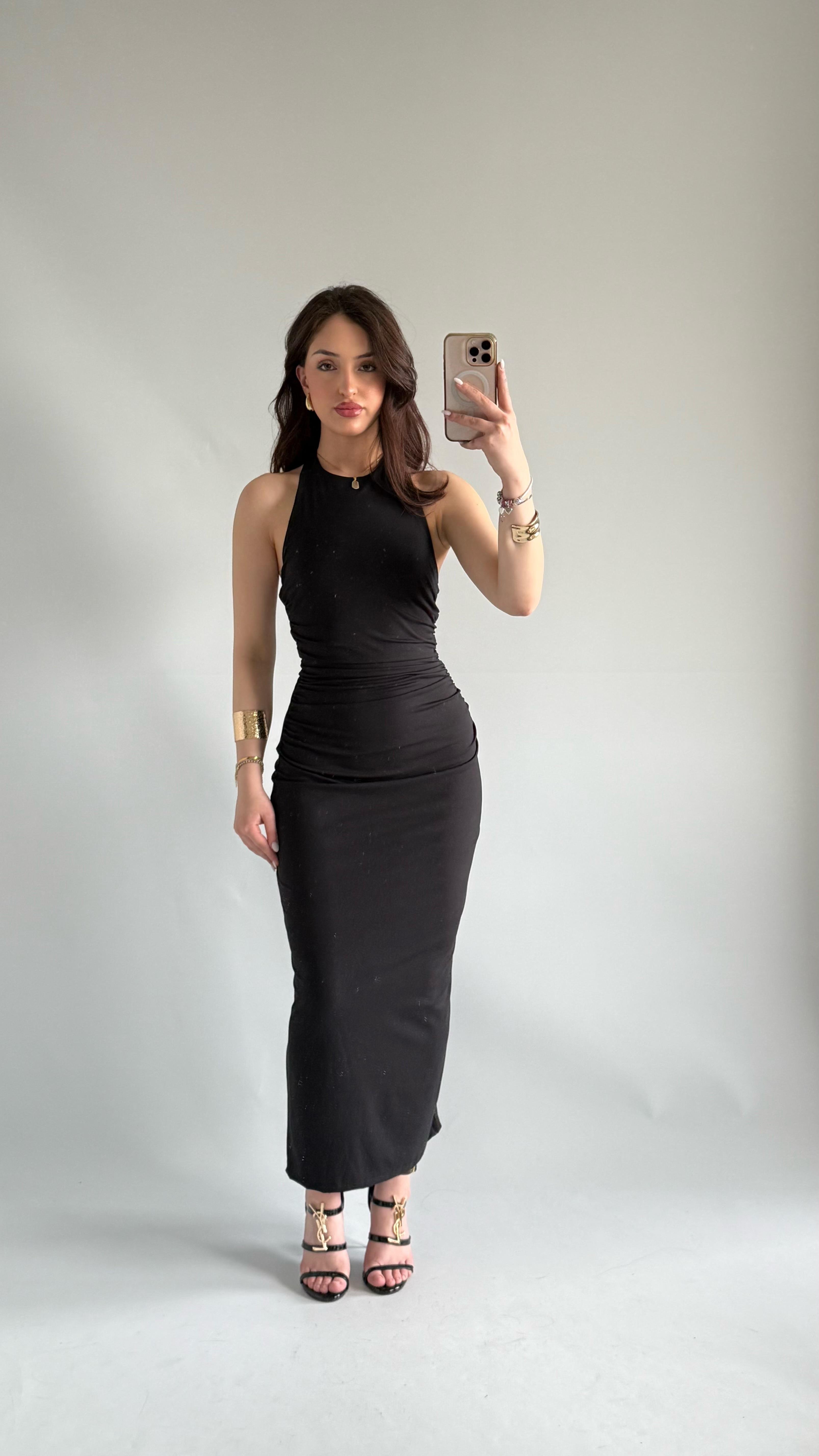 Sırt Dekolte Büzgü Model Elbise Siyah