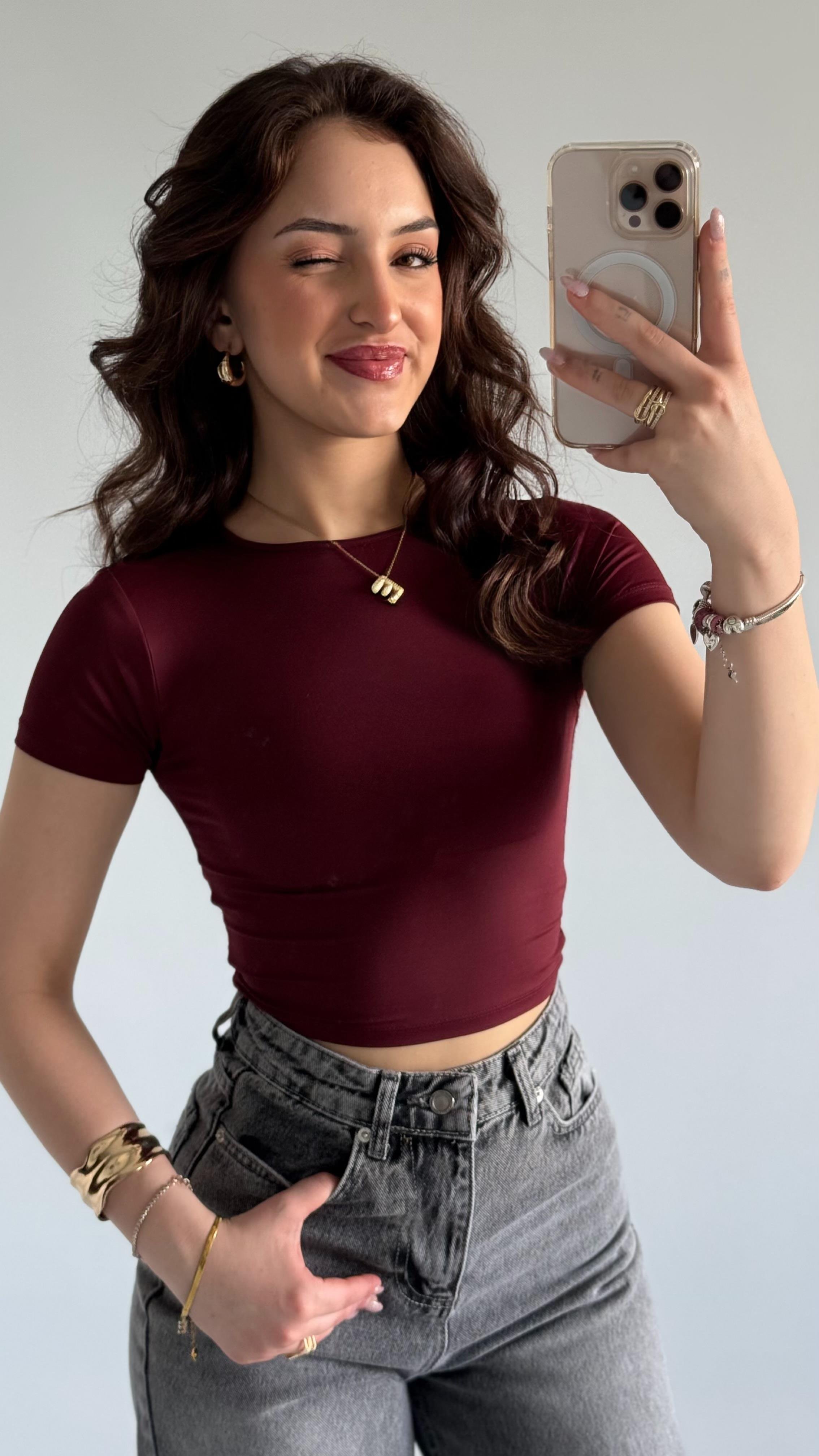 Sırt Kelebek Kısa Kol Crop Bordo