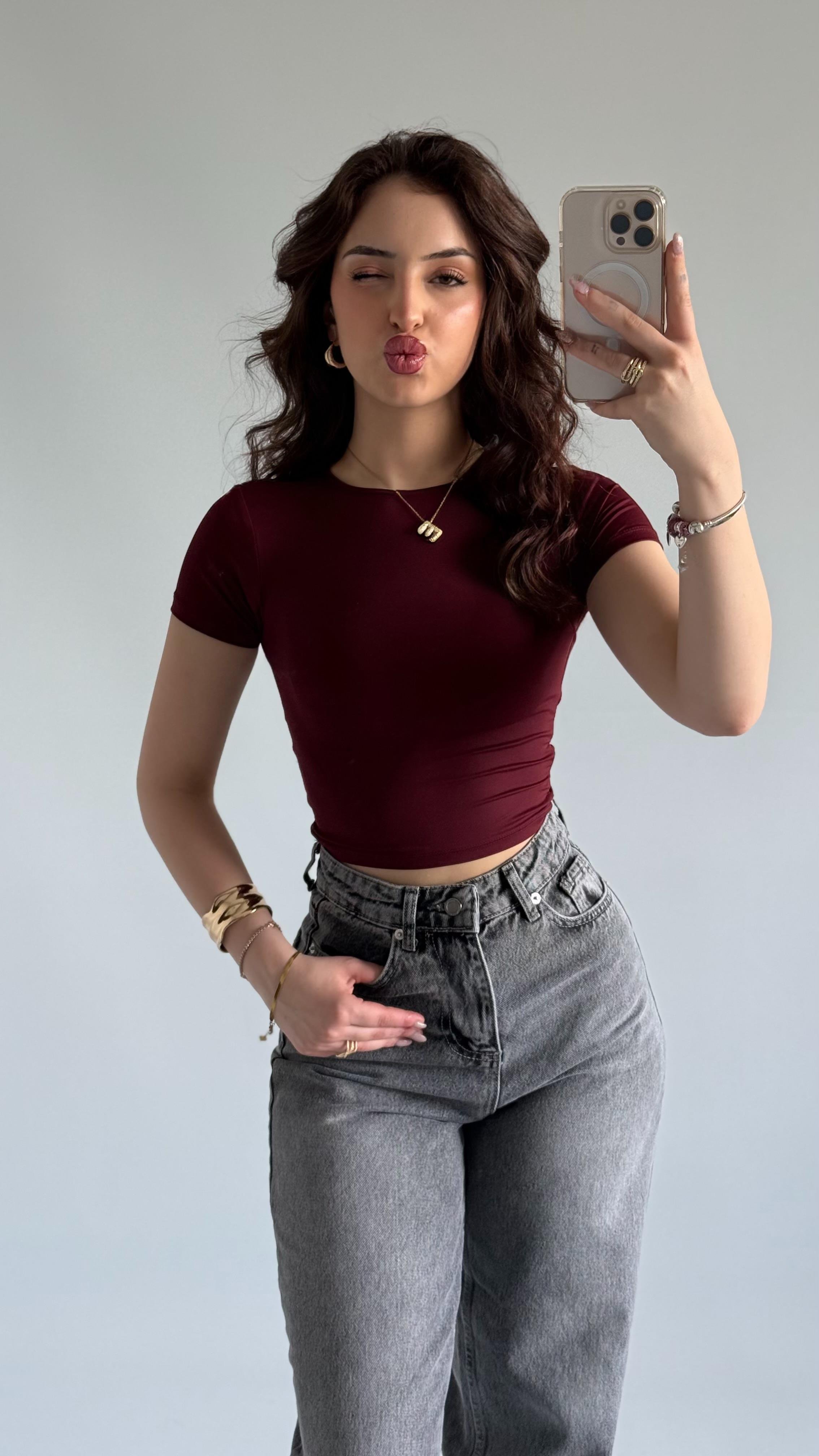 Sırt Kelebek Kısa Kol Crop Bordo