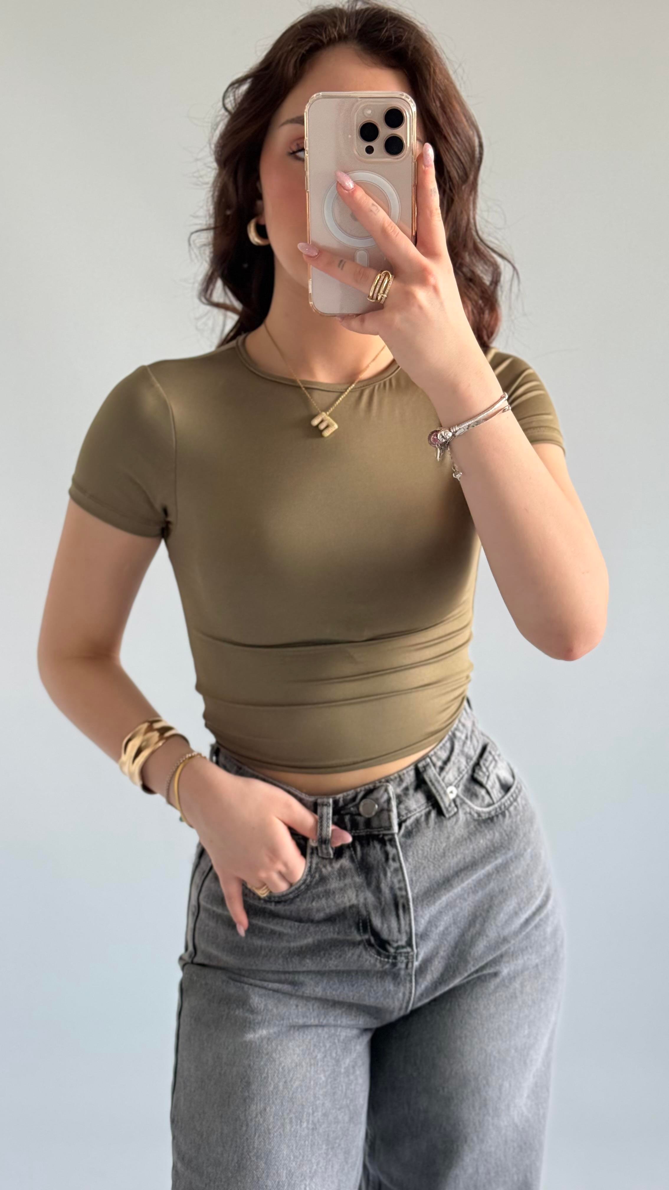 Sırt Kelebek Kısa Kol Crop Haki Yeşil
