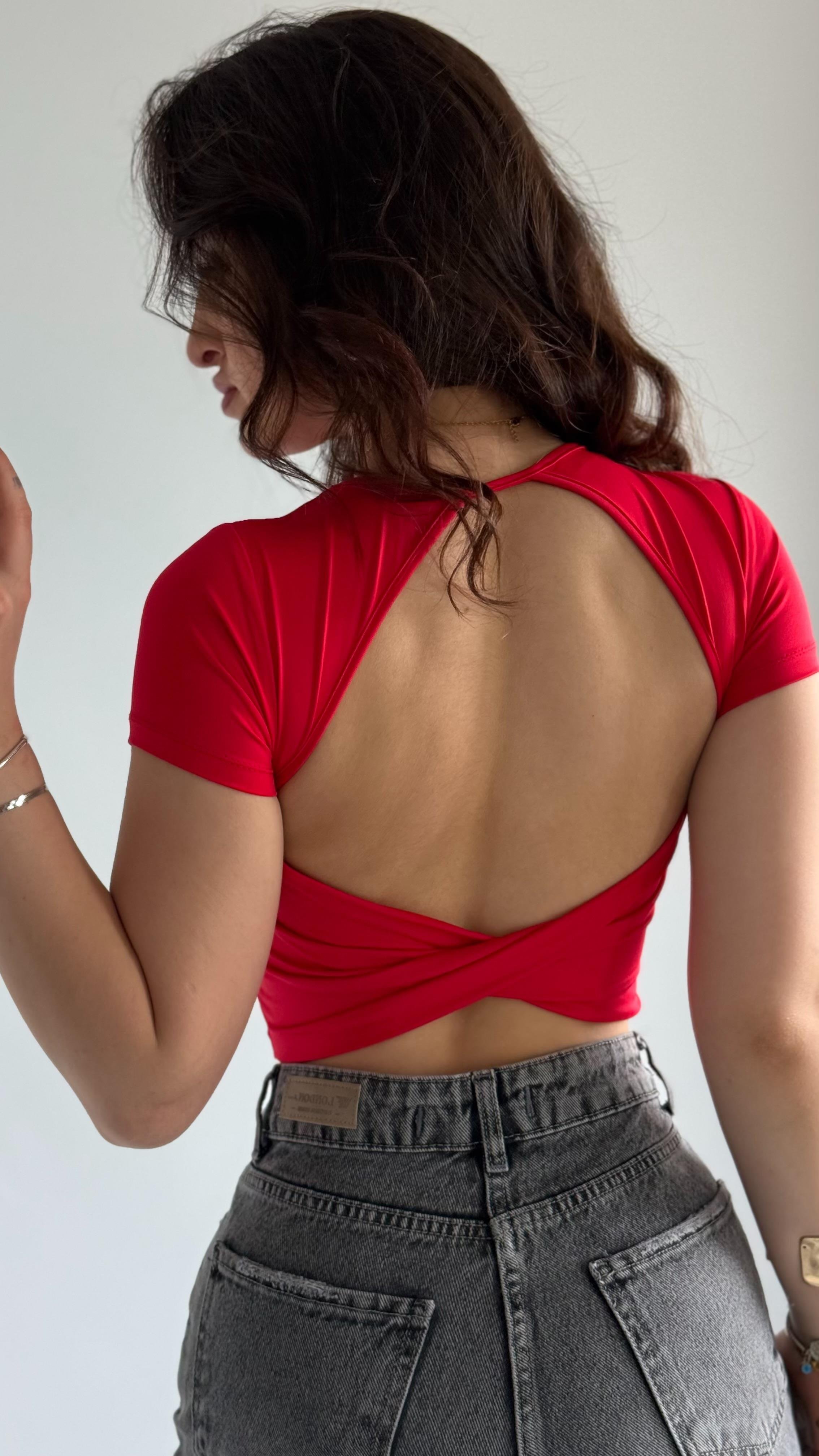 Sırt Kelebek Kısa Kol Crop Kırmızı