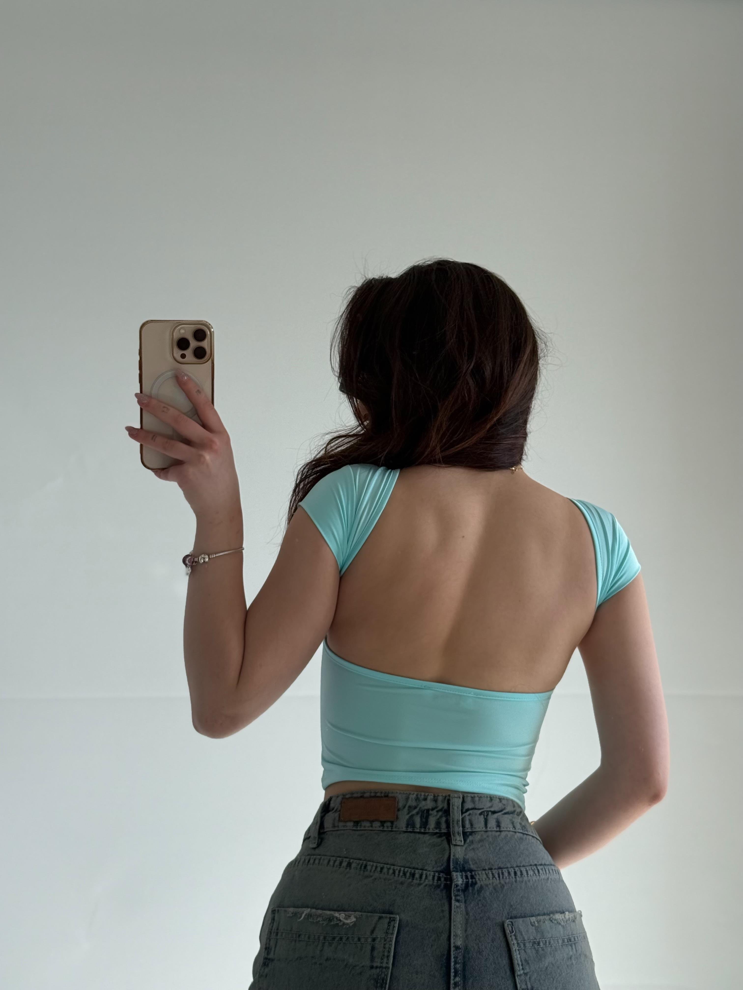 Sırtı Açık Kısa Kol Crop Bebe Mavisi