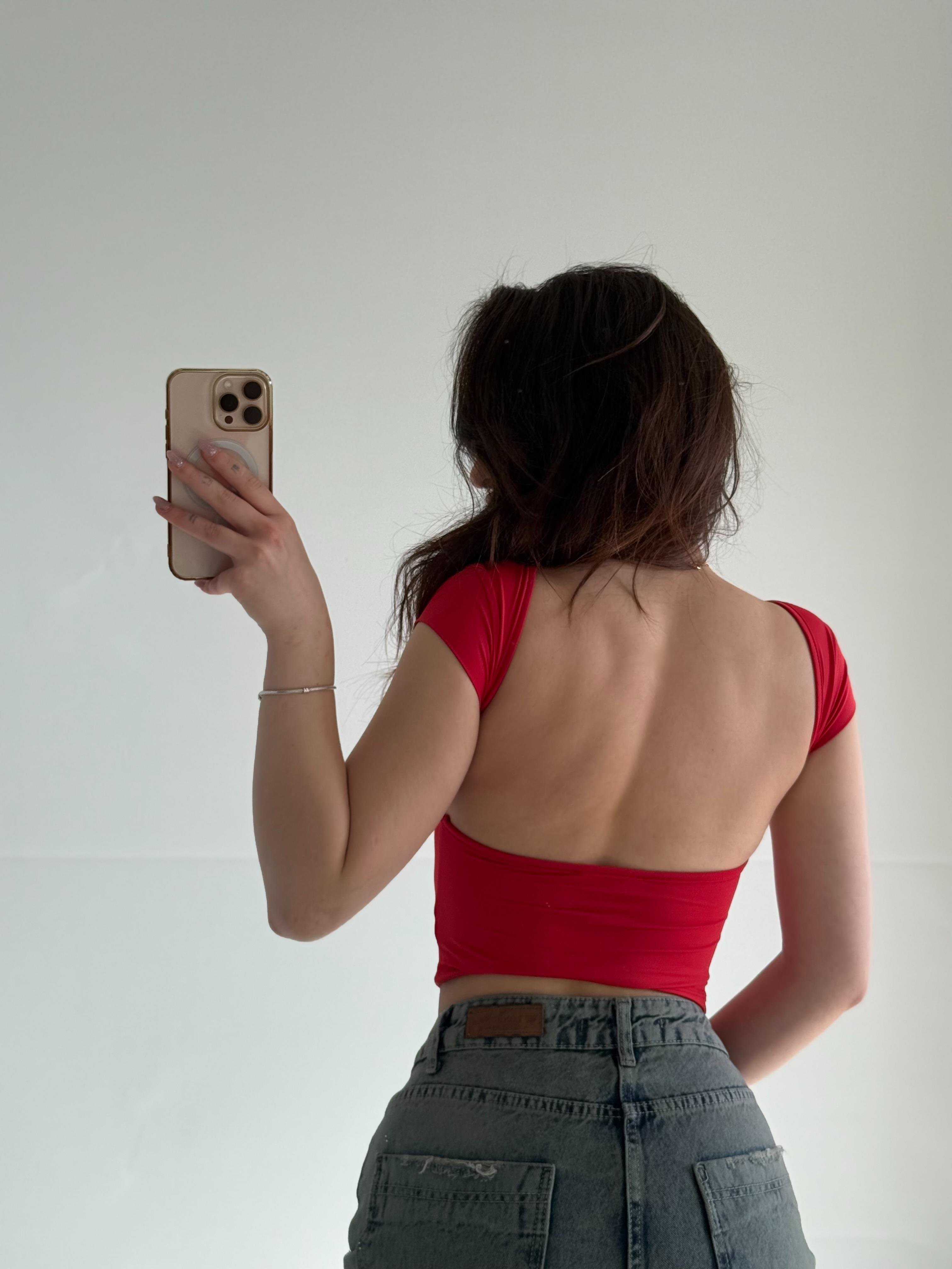 Sırtı Açık Kısa Kol Crop Kırmızı
