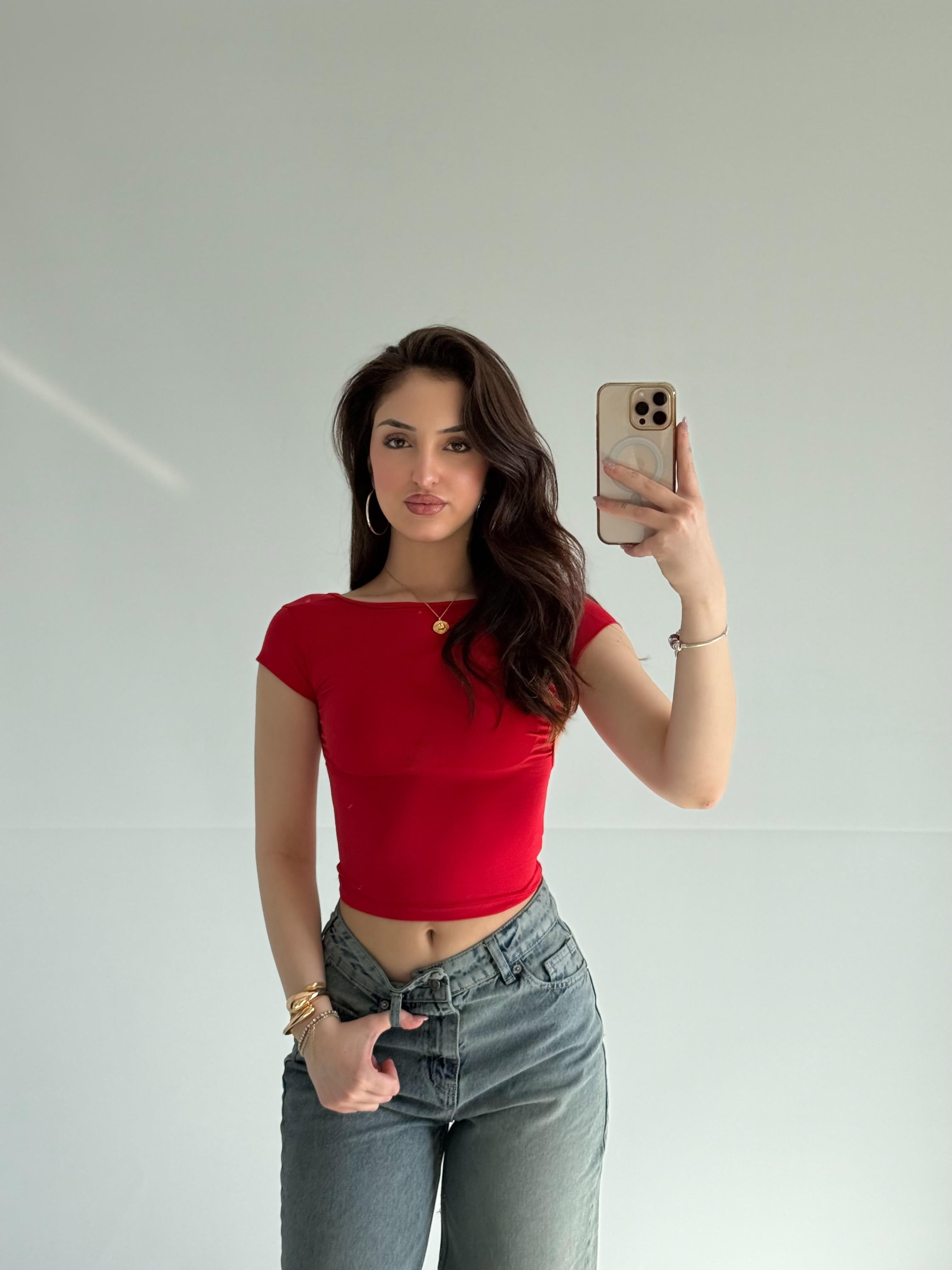 Sırtı Açık Kısa Kol Crop Kırmızı
