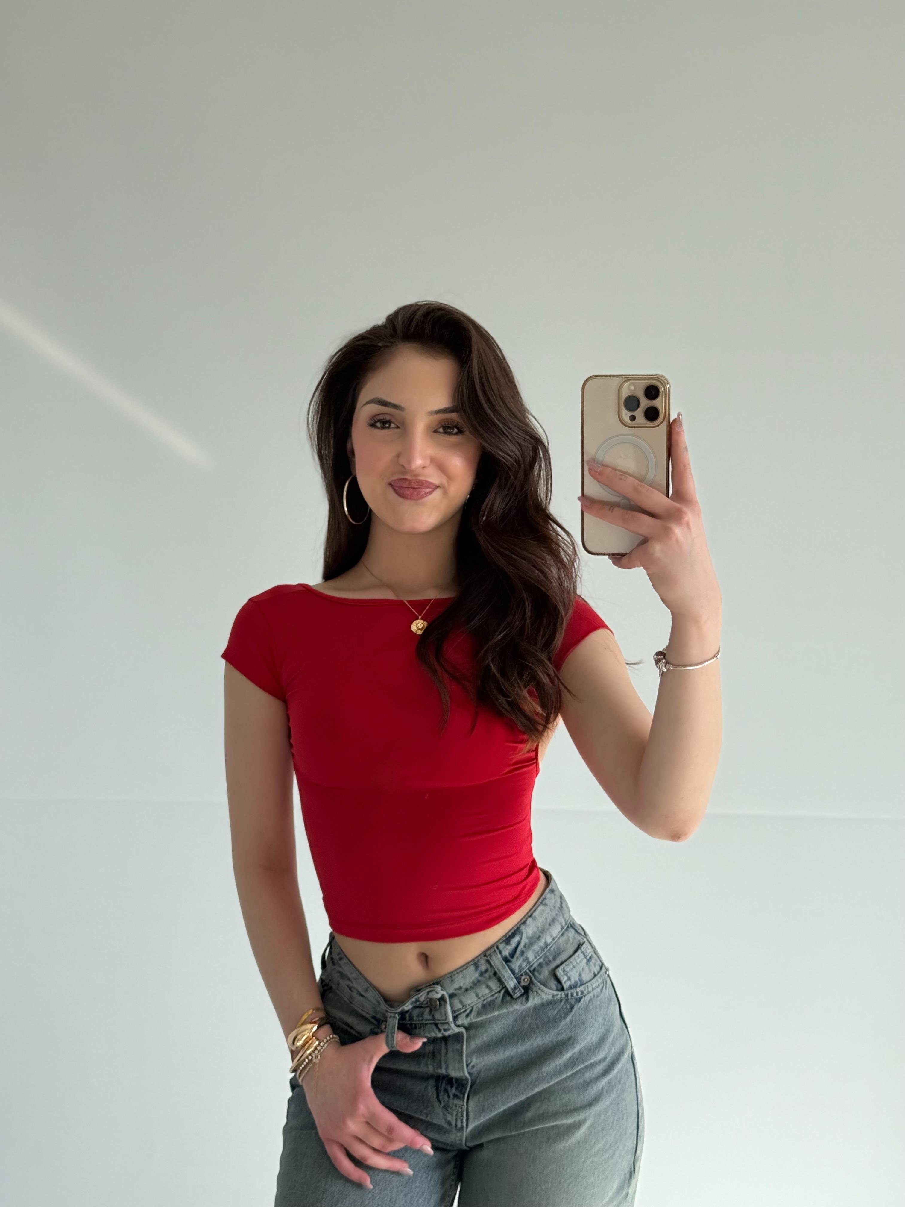 Sırtı Açık Kısa Kol Crop Kırmızı