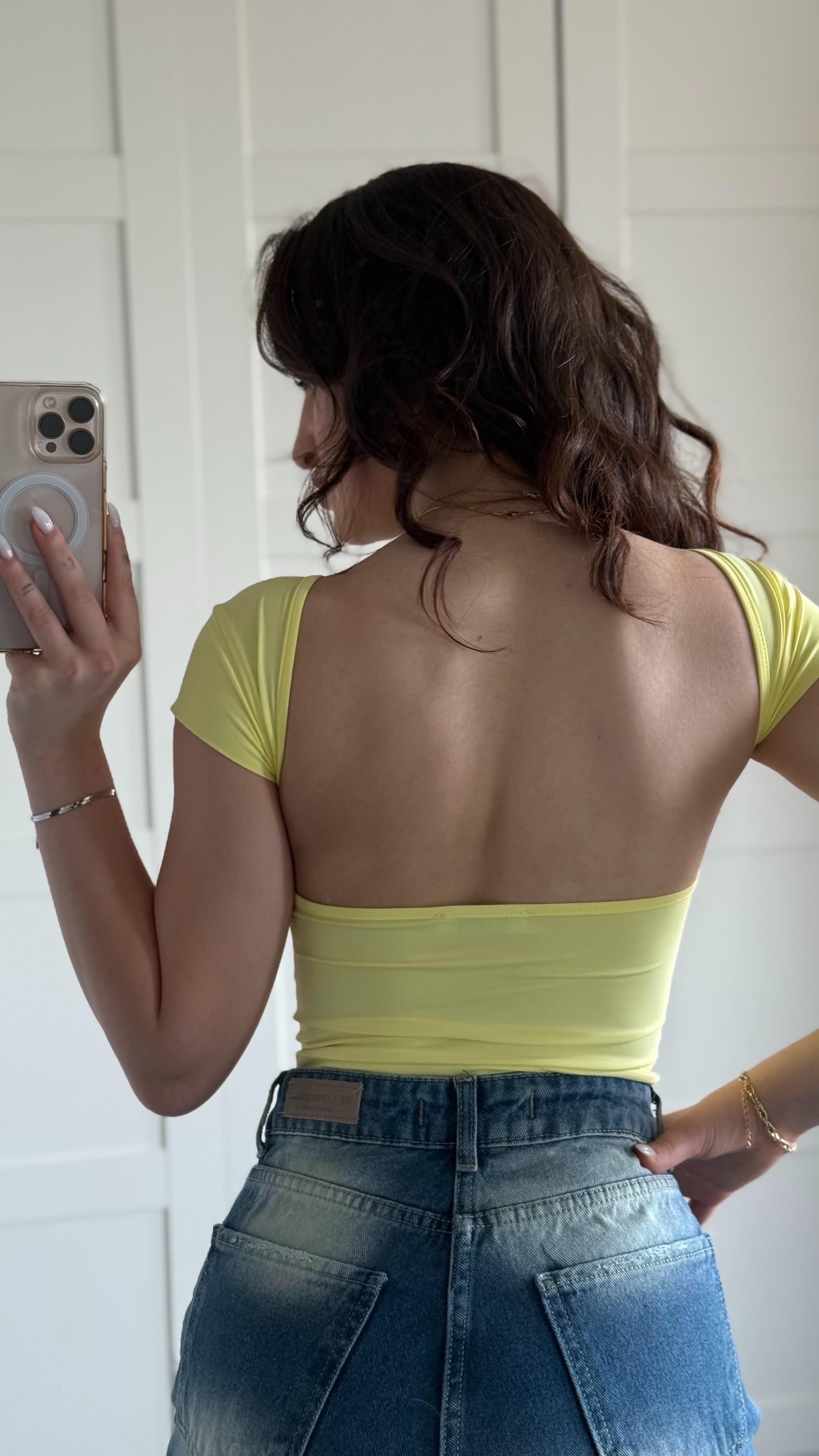 Sırtı Açık Kısa Kol Crop Sarı