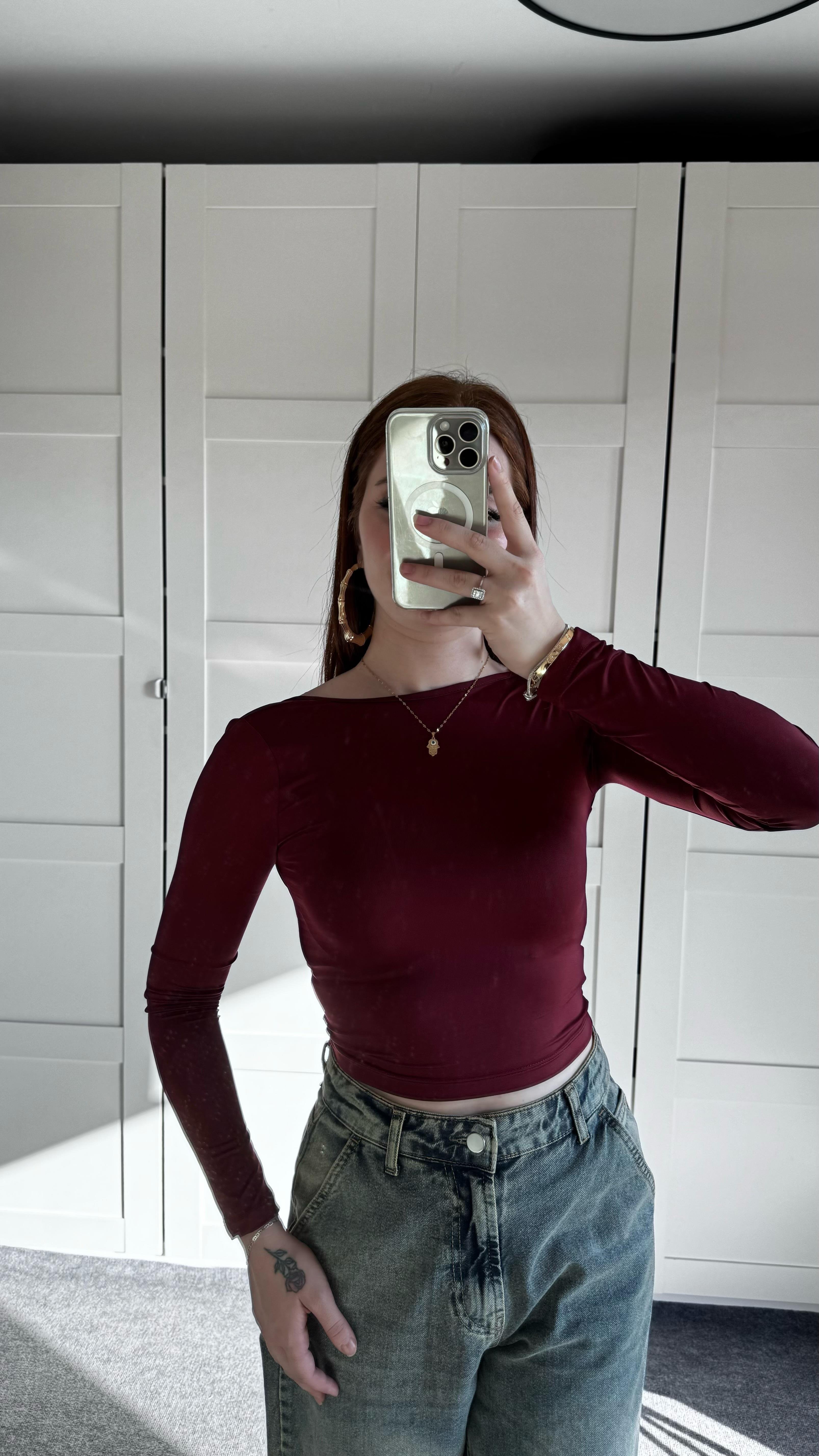 Sırtı Açık Uzun Kol Bluz Bordo