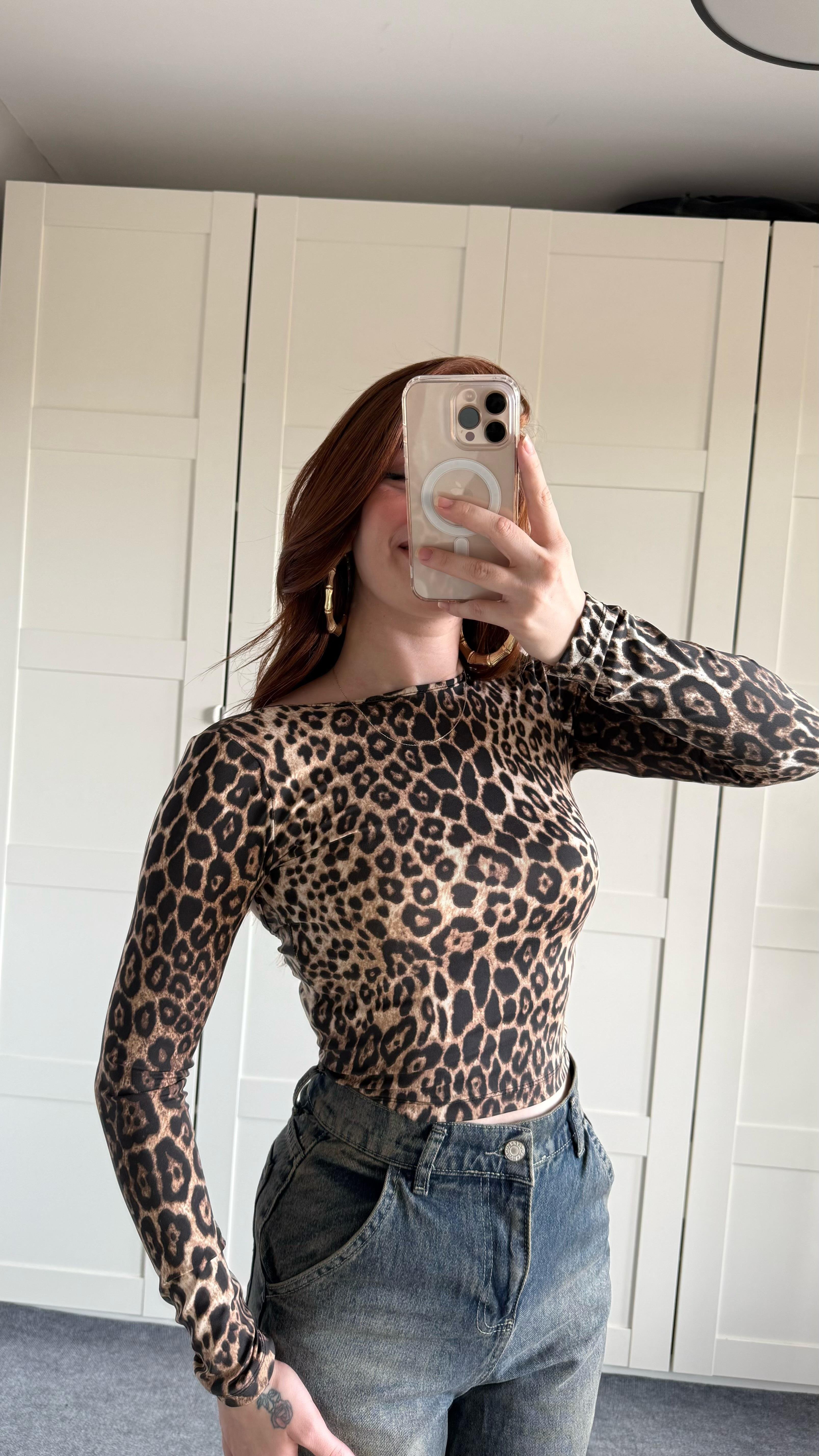 Sırtı Açık Uzun Kol Bluz Leopar
