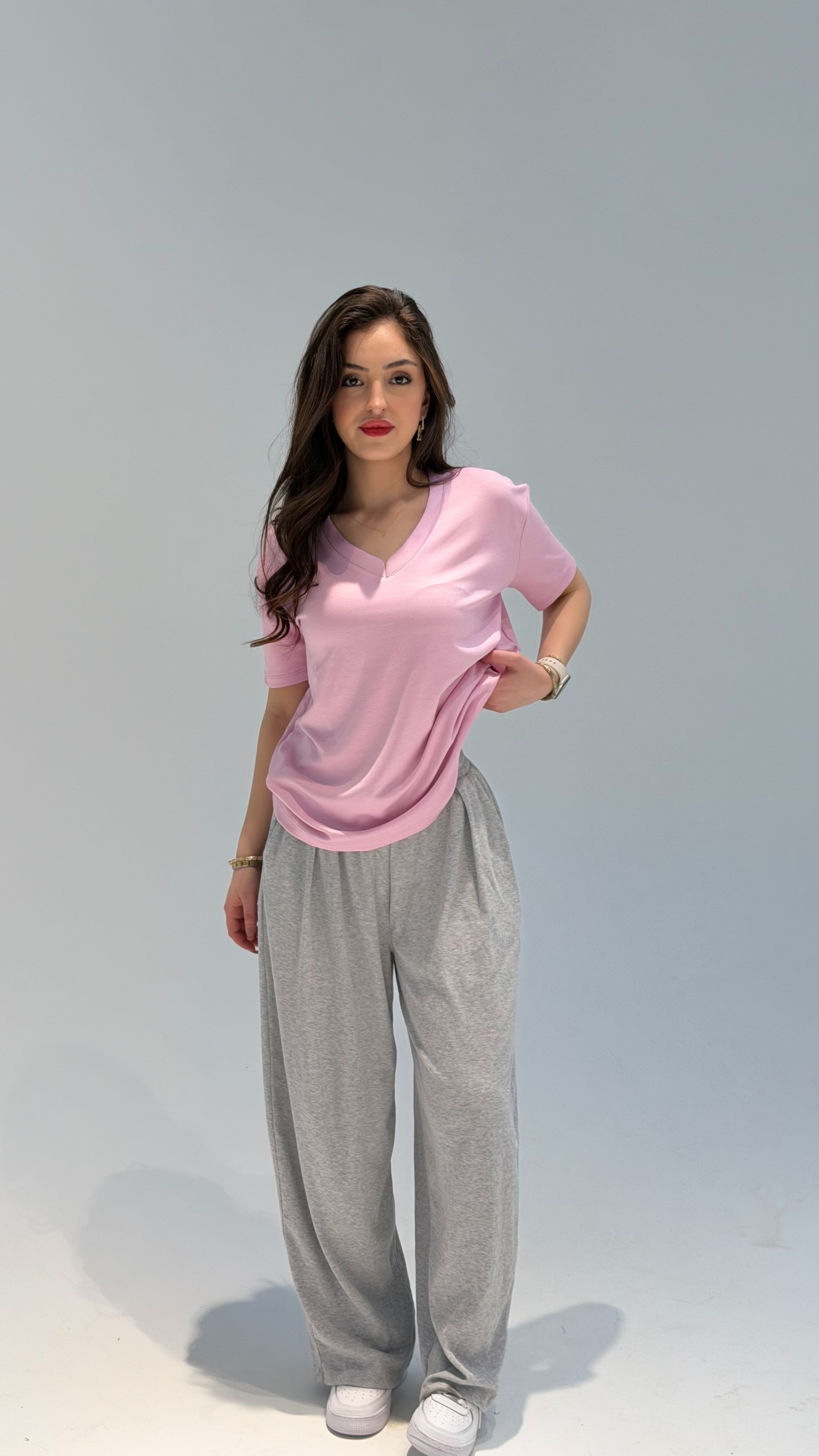 Soft Line Oversie V Yaka Tişört Pembe