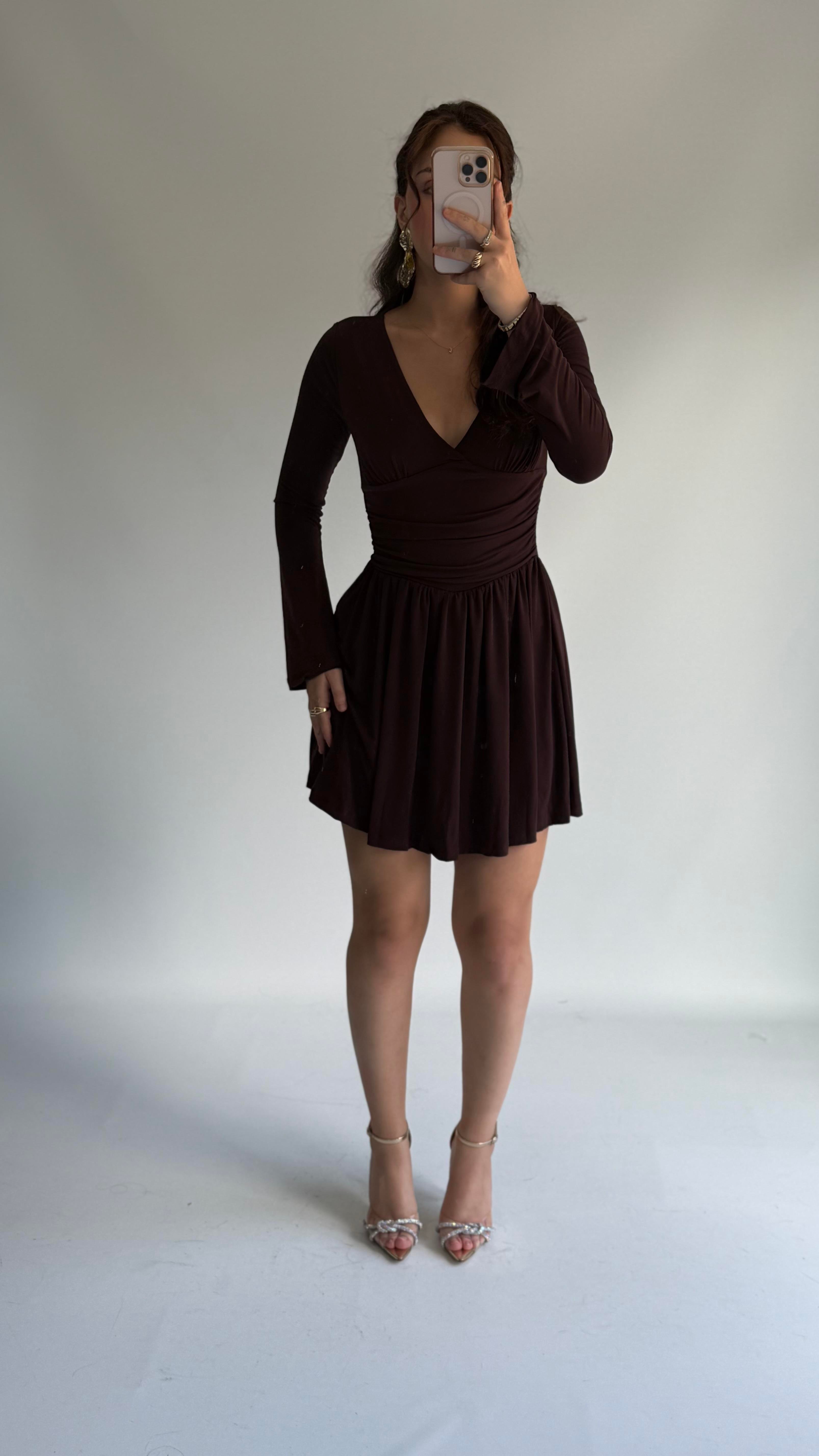 Şortlu V Yaka Sandy Elbise Kahverengi
