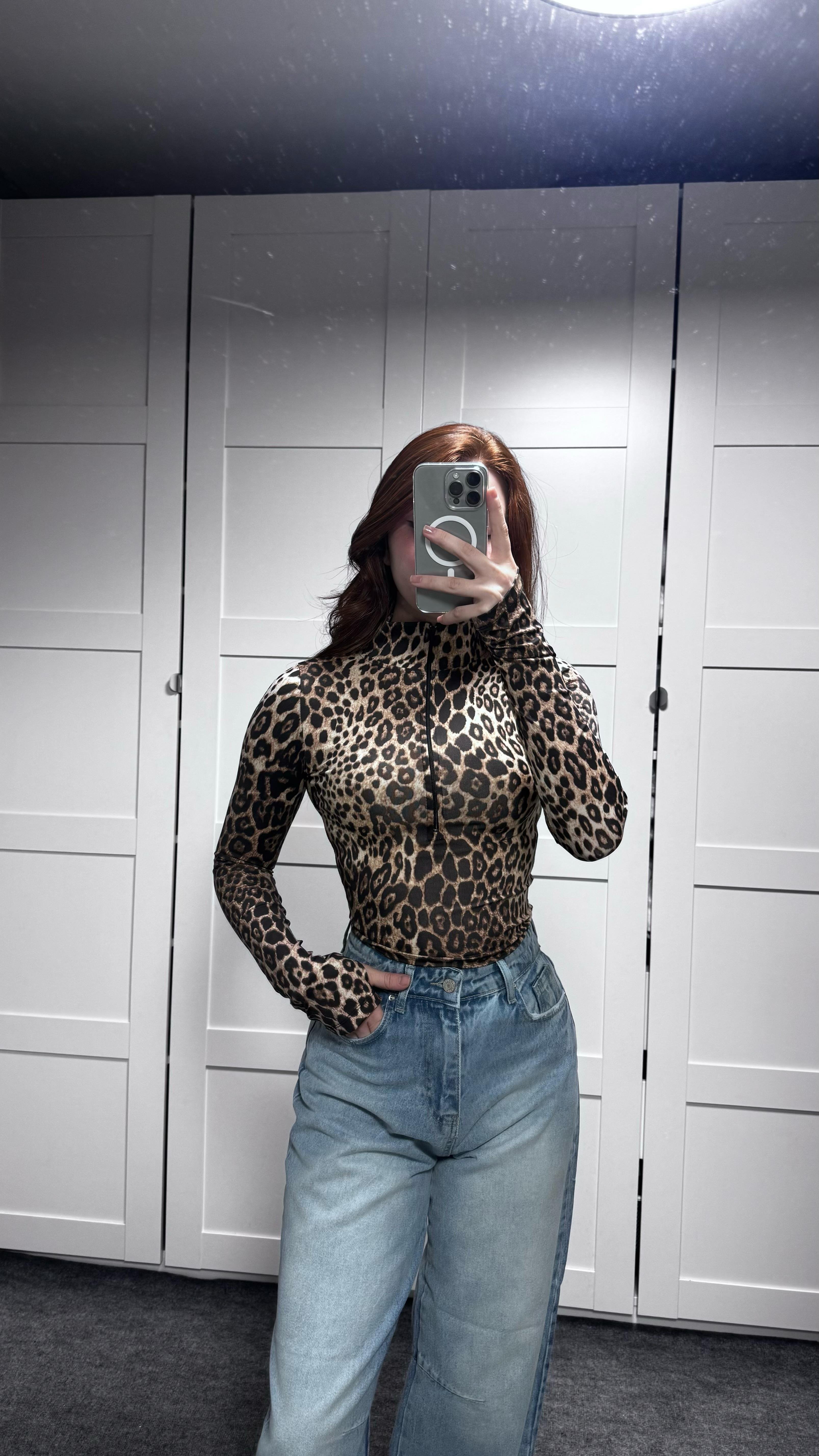 Sport Fermuarlı El Detaylı Bluz Leopar