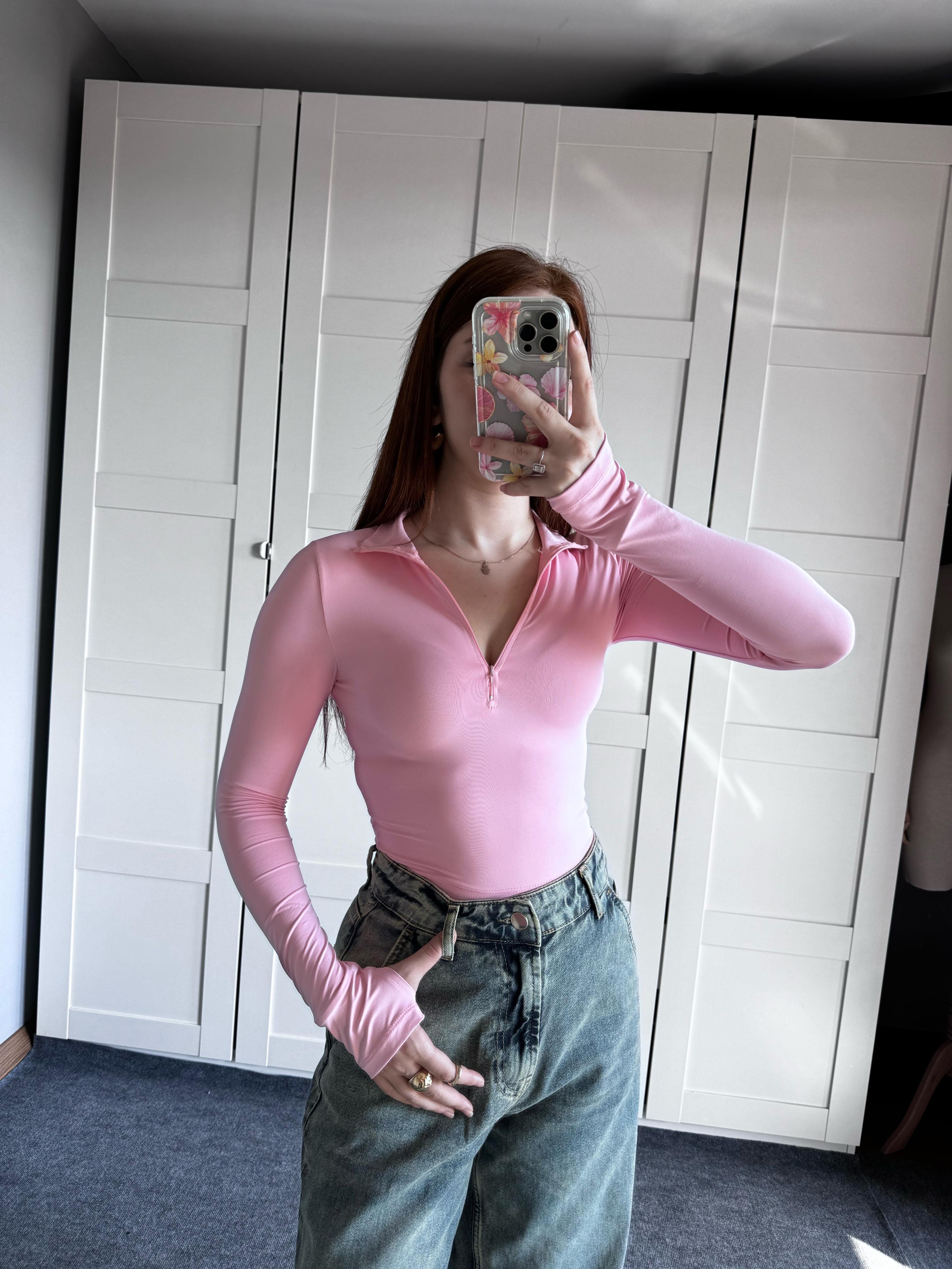 Sport Fermuarlı El Detaylı Bluz Pembe