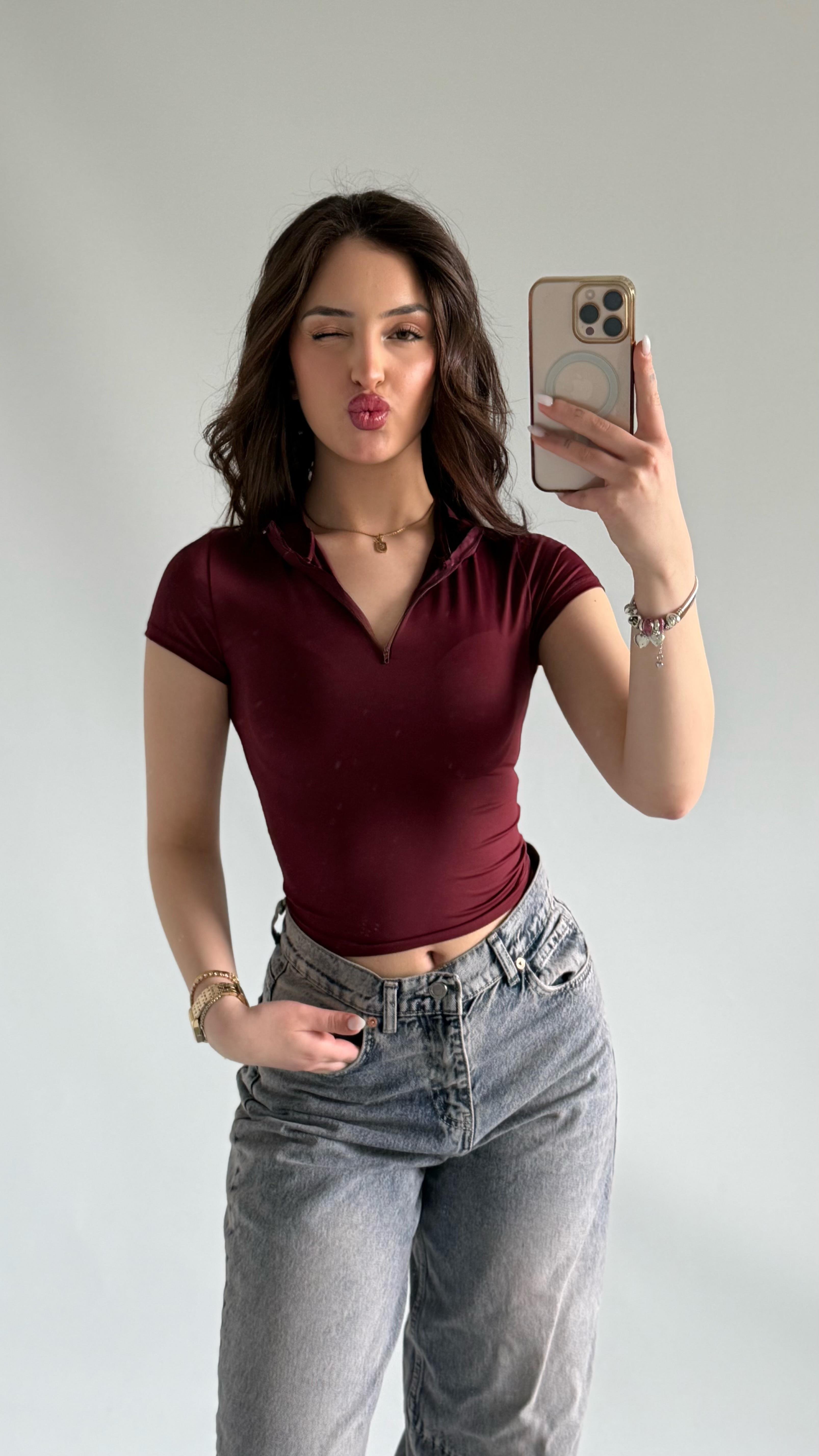 Sport Kısa Kol Crop Bordo 