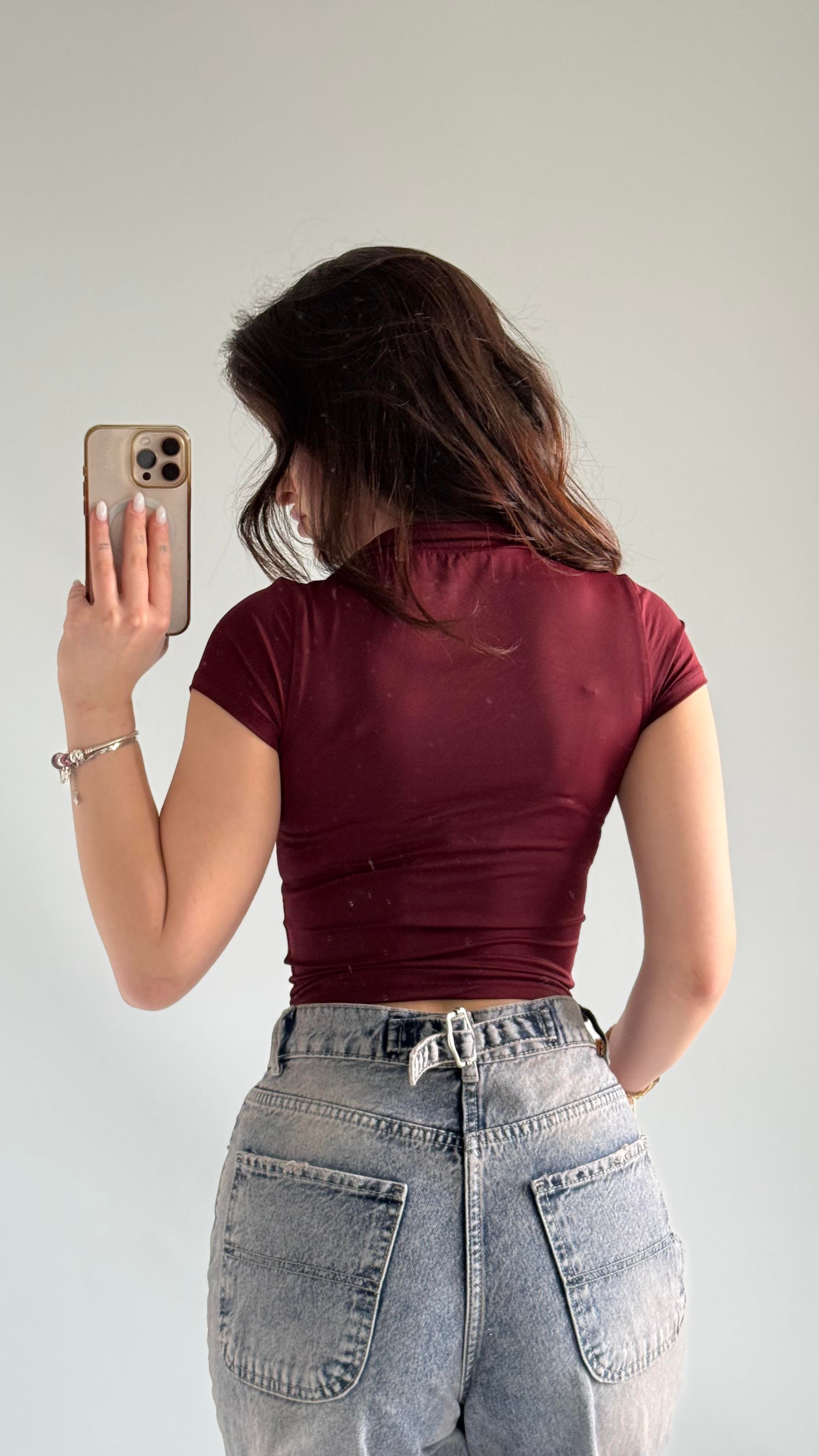 Sport Kısa Kol Crop Bordo 