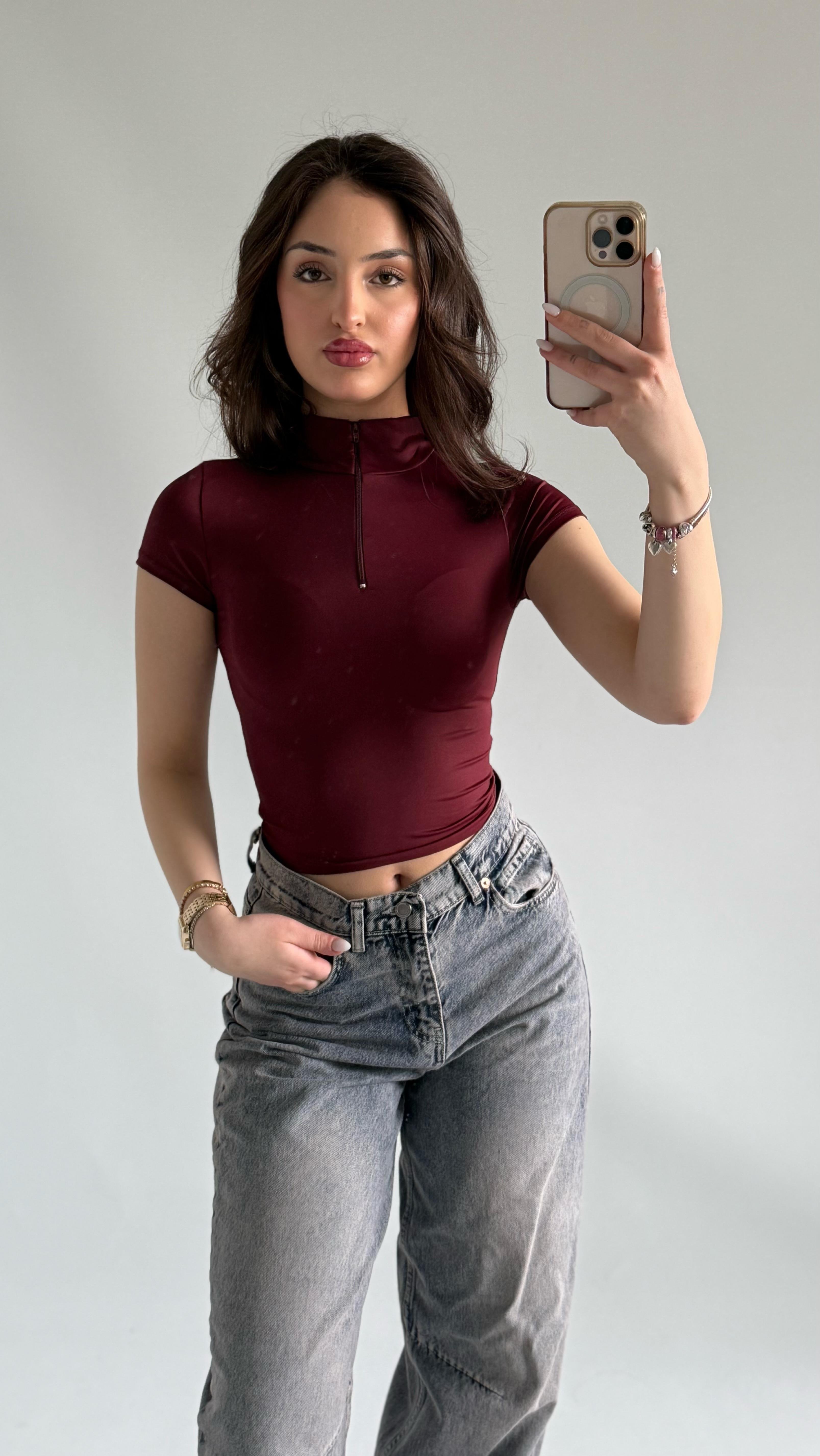 Sport Kısa Kol Crop Bordo 
