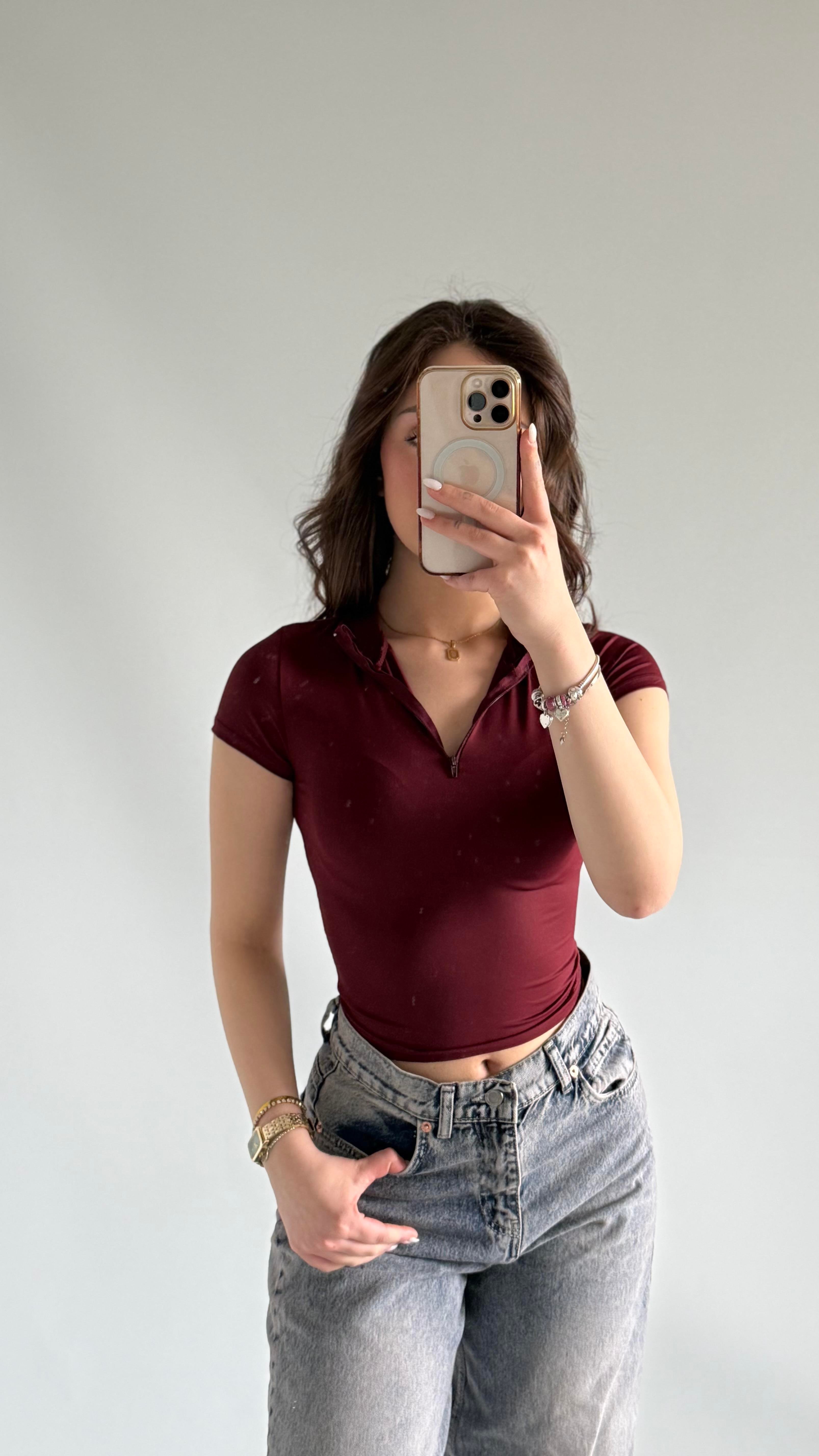 Sport Kısa Kol Crop Bordo 