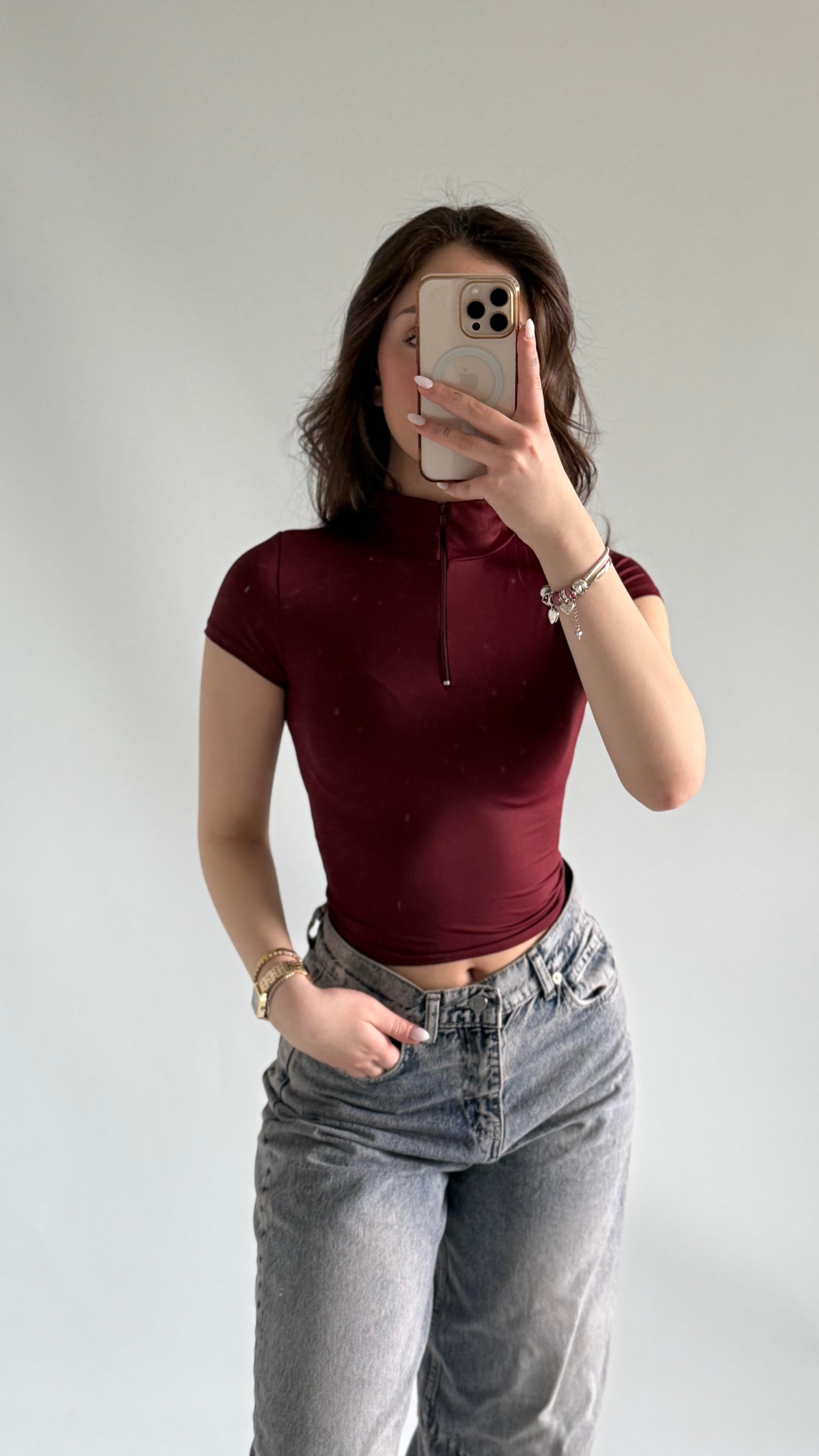 Sport Kısa Kol Crop Bordo 