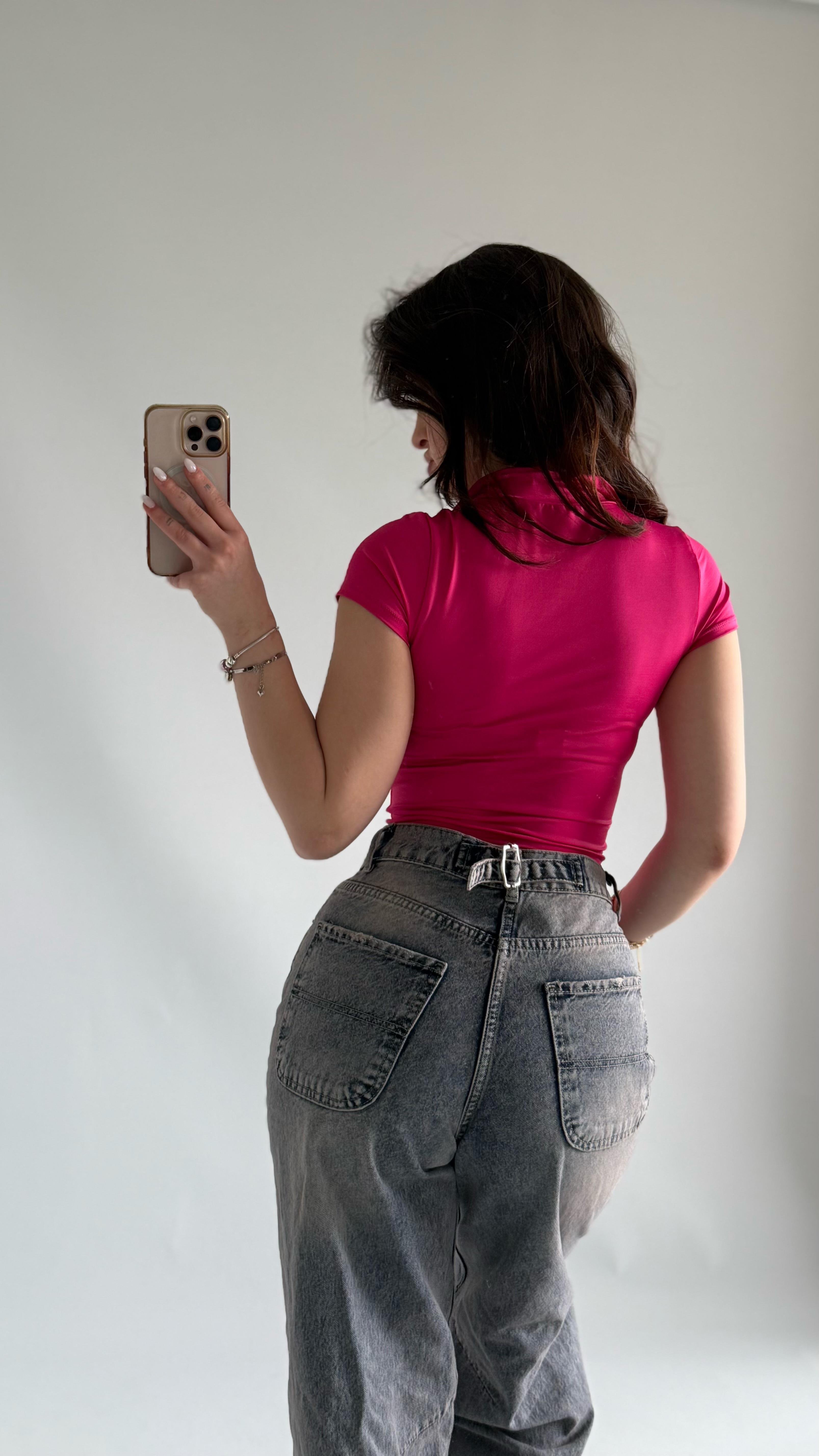 Sport Kısa Kol Crop Fuşya