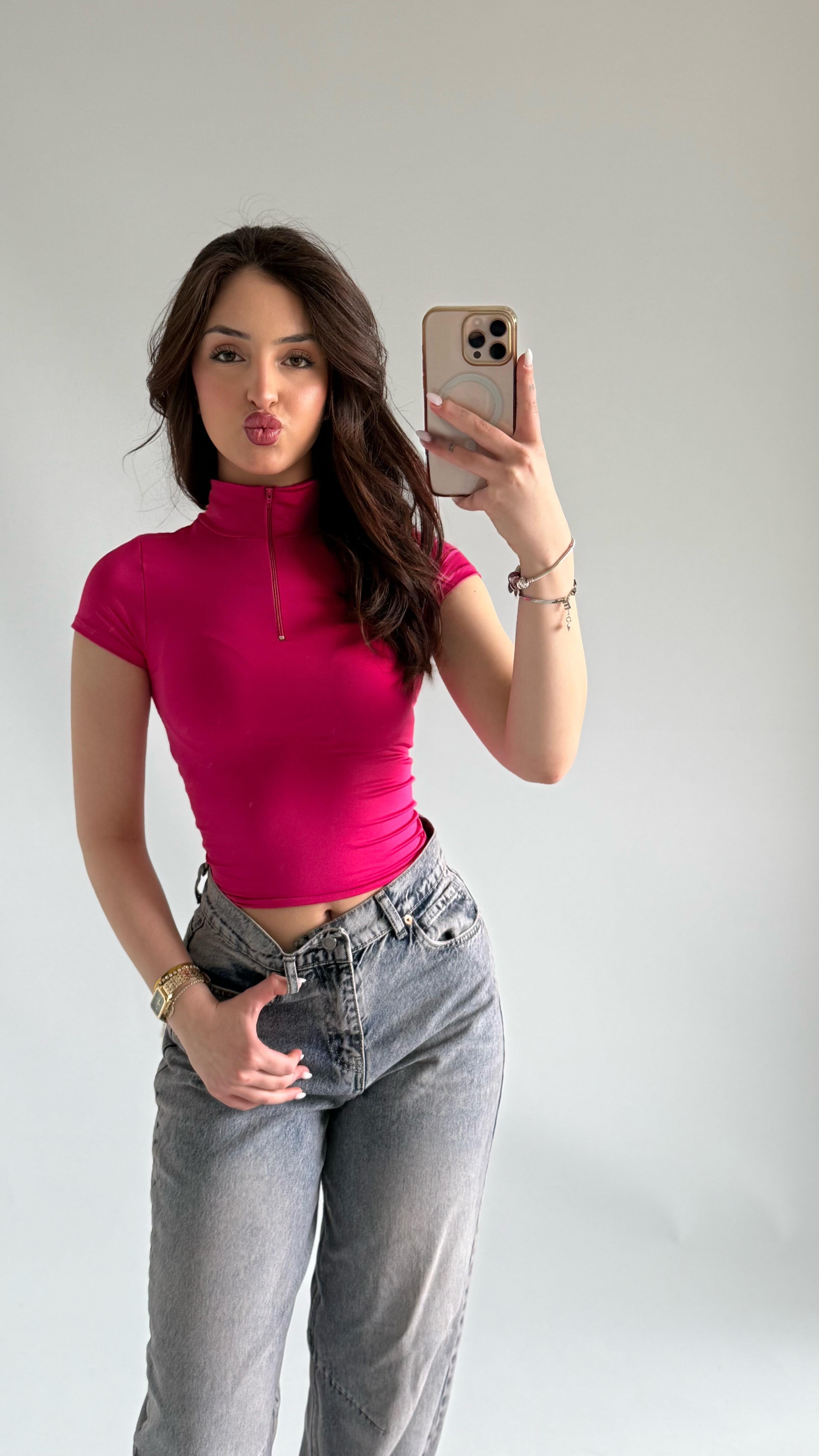 Sport Kısa Kol Crop Fuşya