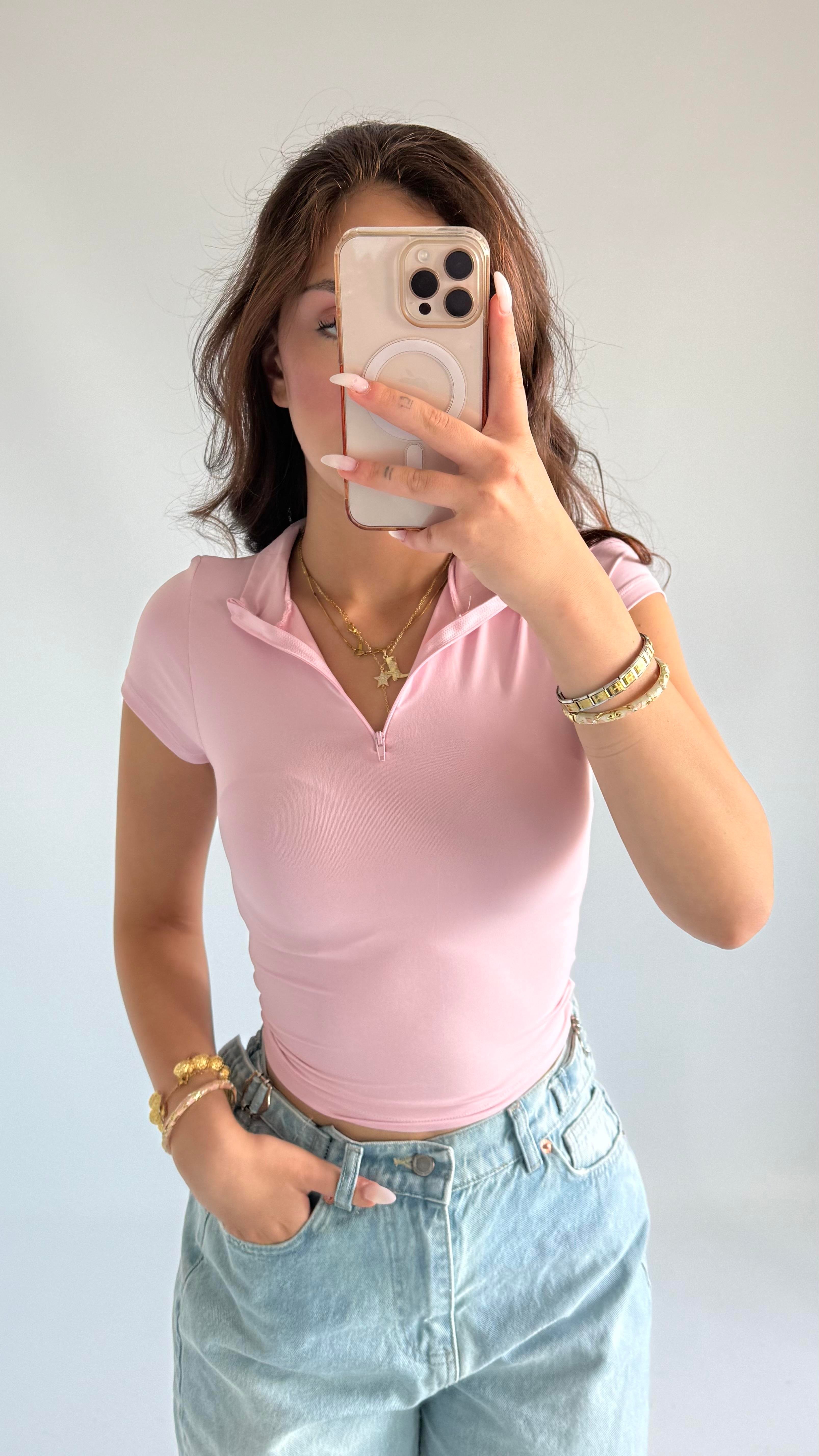 Sport Kısa Kol Crop Pembe