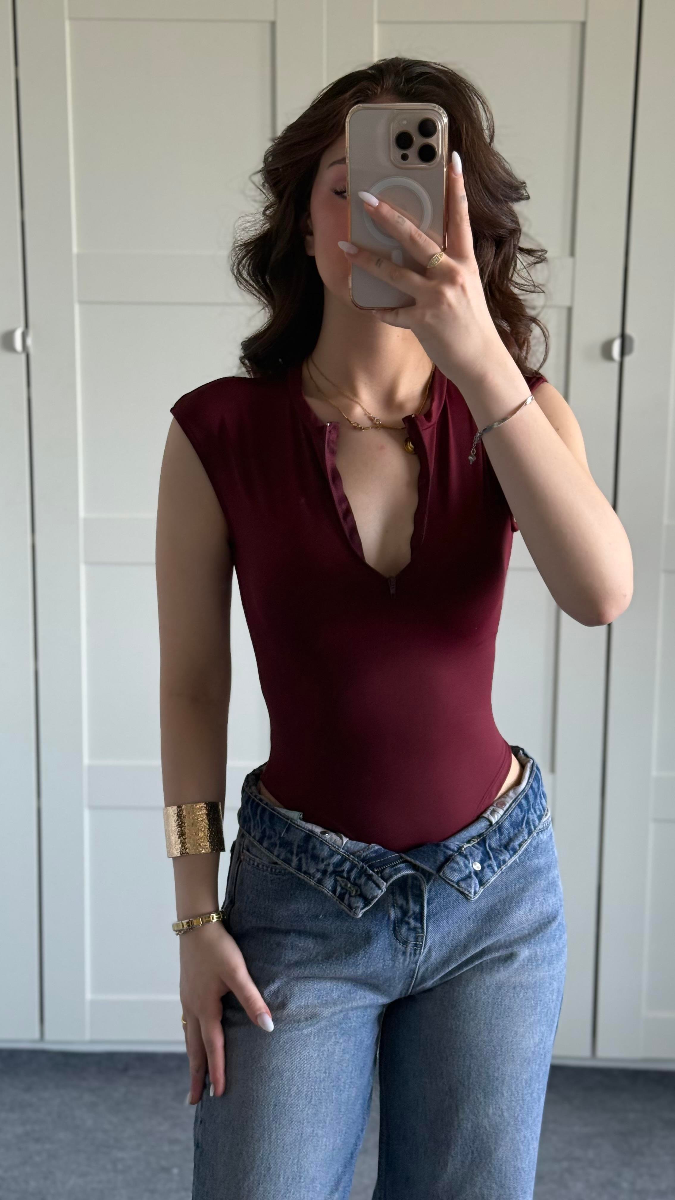 Sport Sıfır Kol Bodysuit Bordo