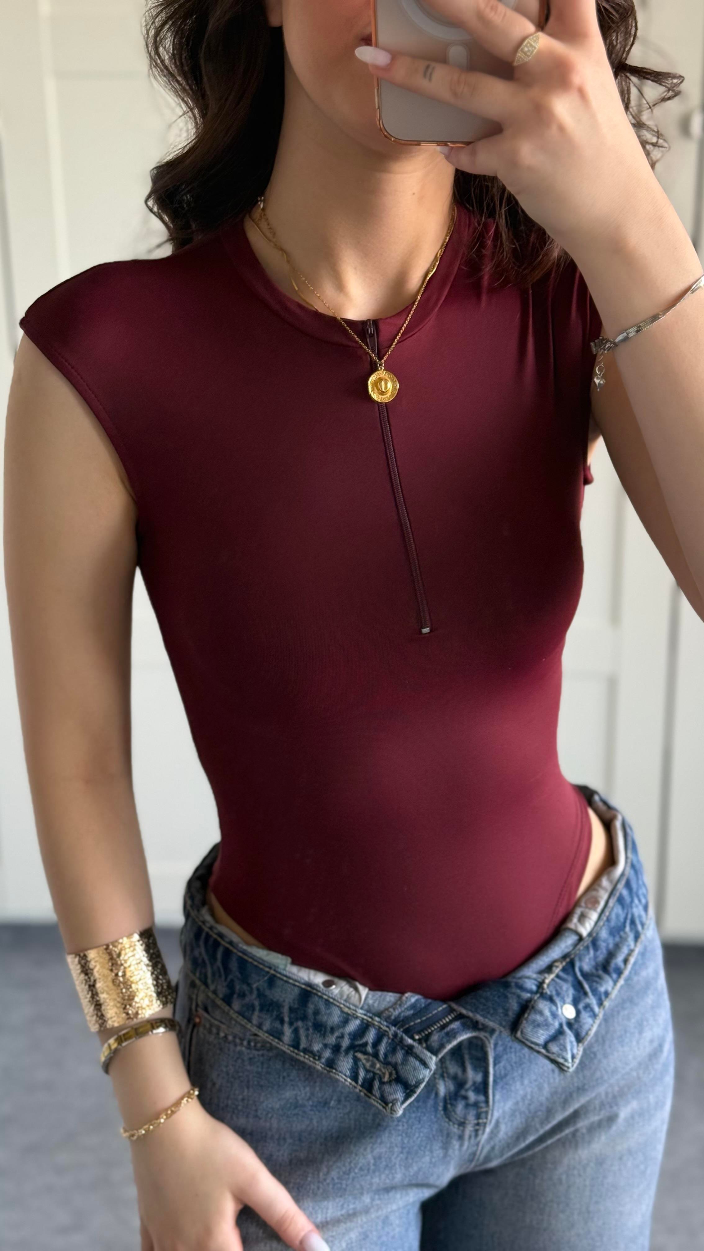 Sport Sıfır Kol Bodysuit Bordo