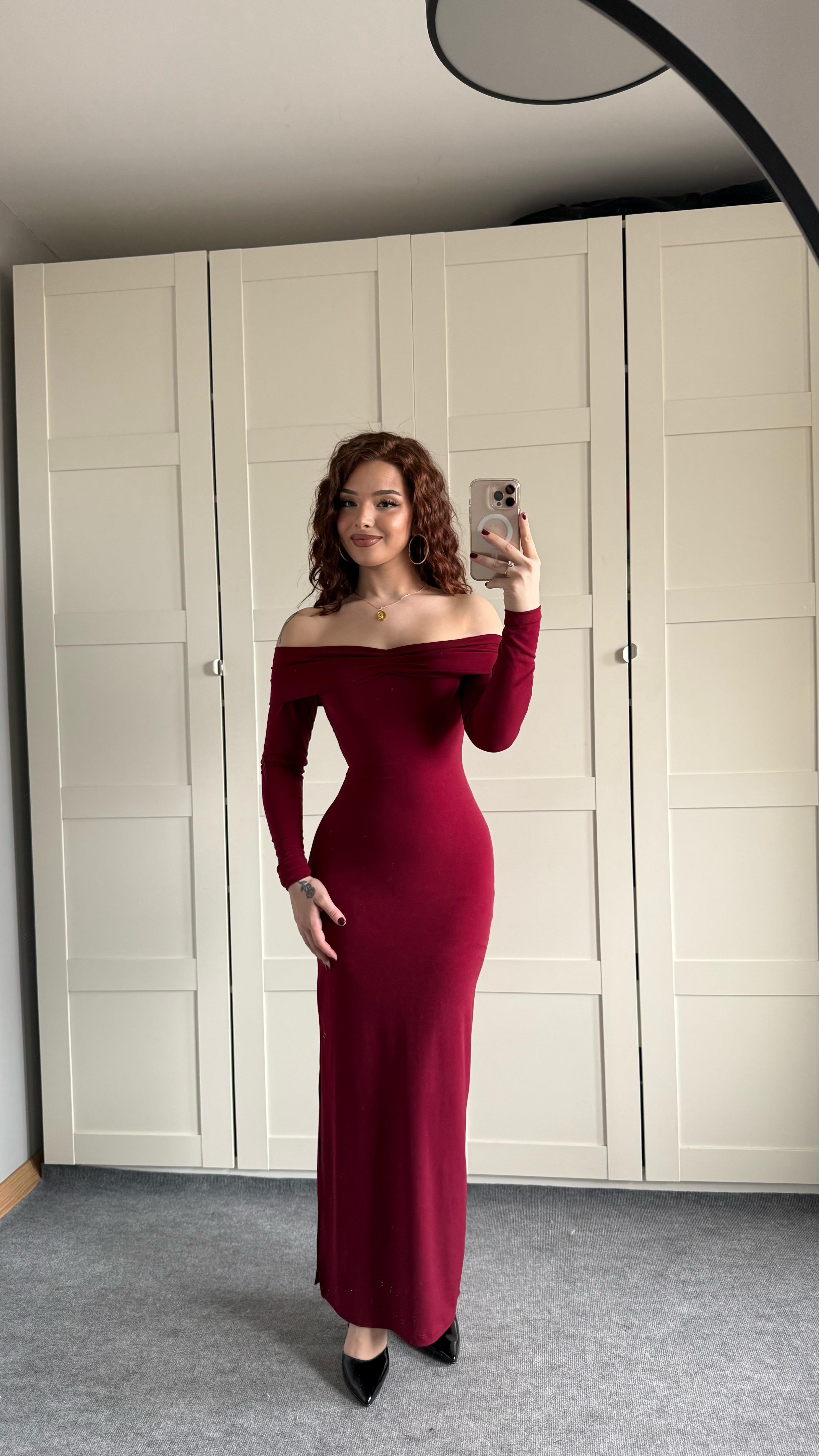 Star Elbise Uzun Kollu Bordo