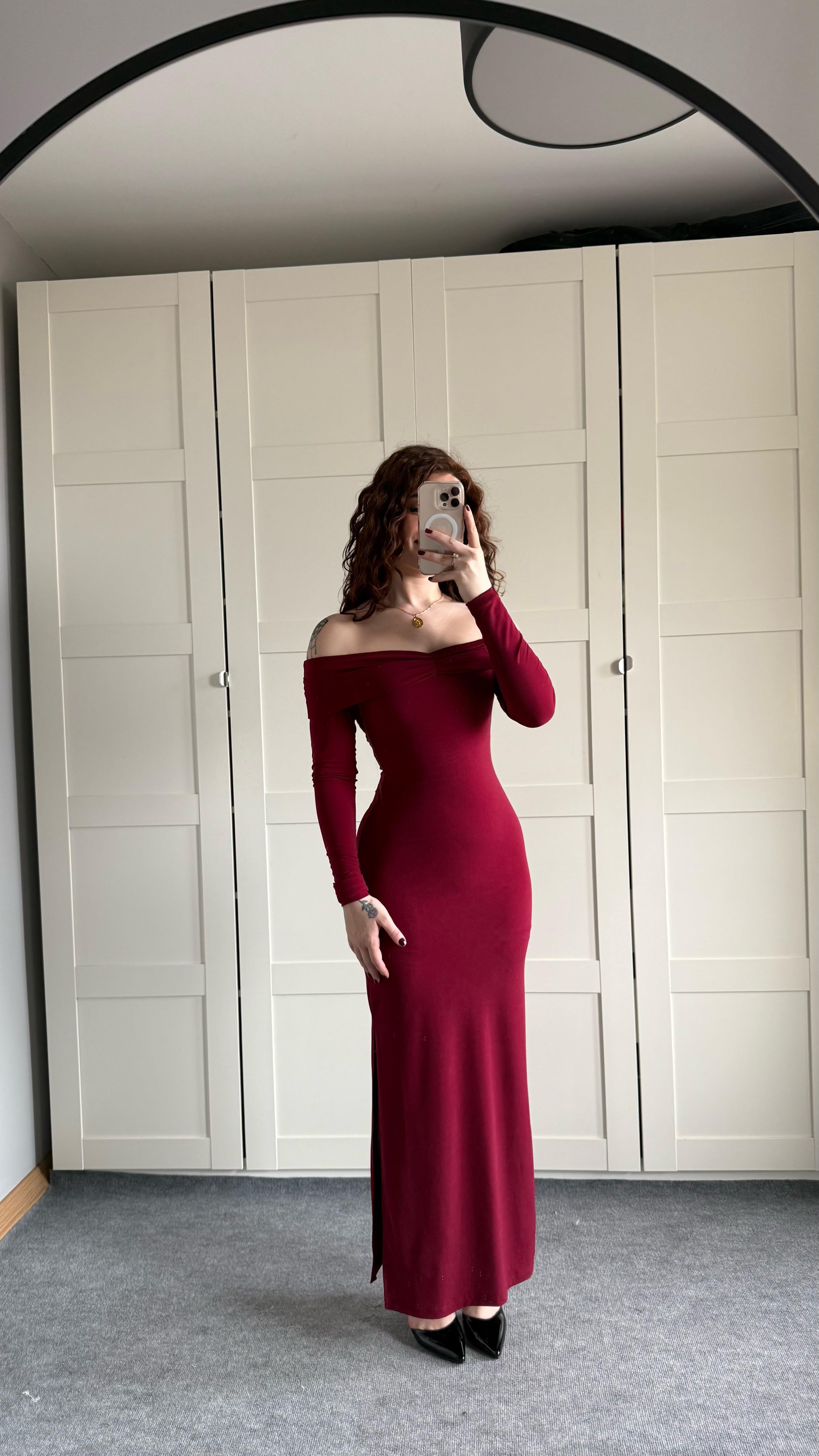 Star Elbise Uzun Kollu Bordo