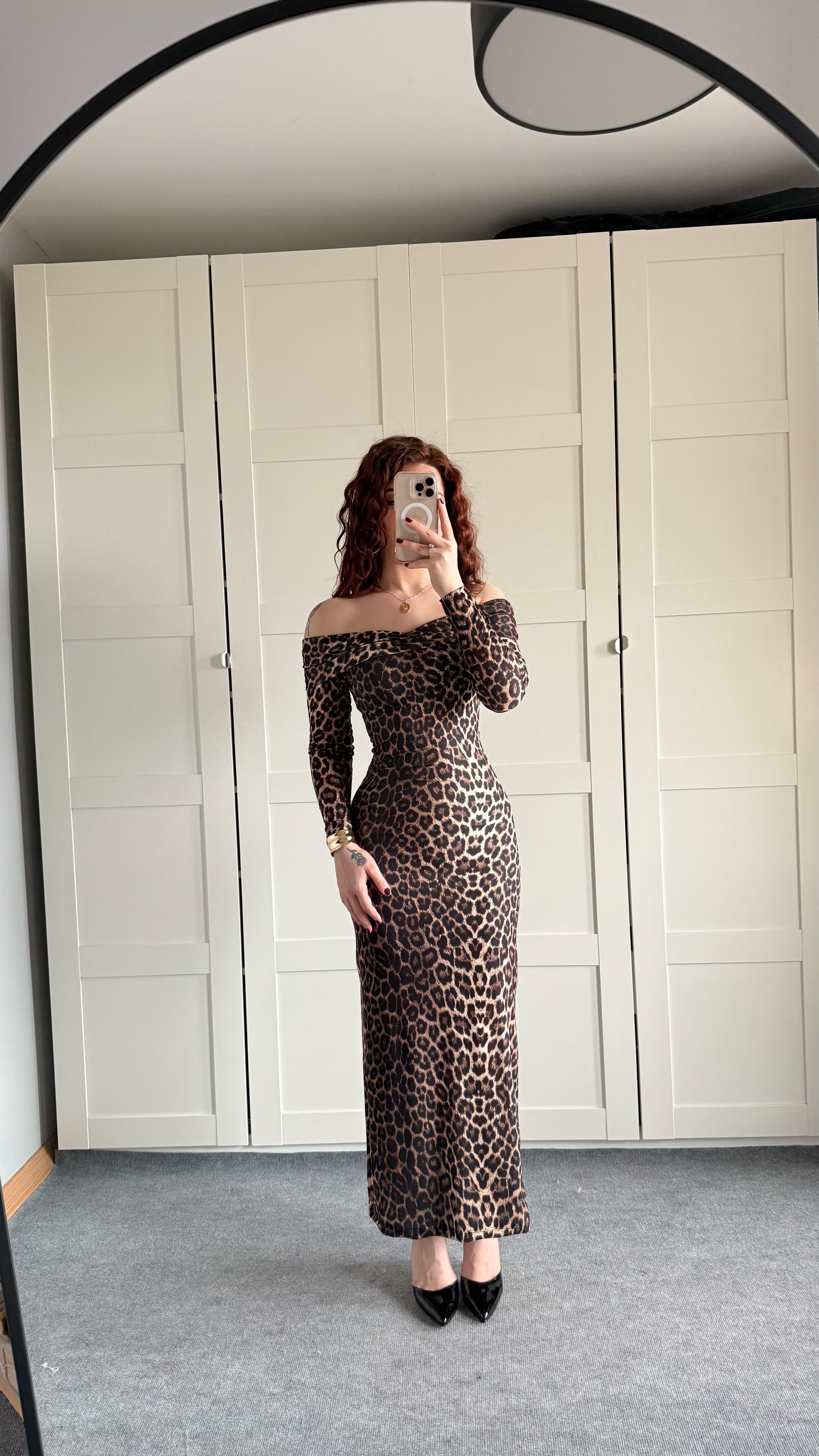 Star Elbise Uzun Kollu Leopar