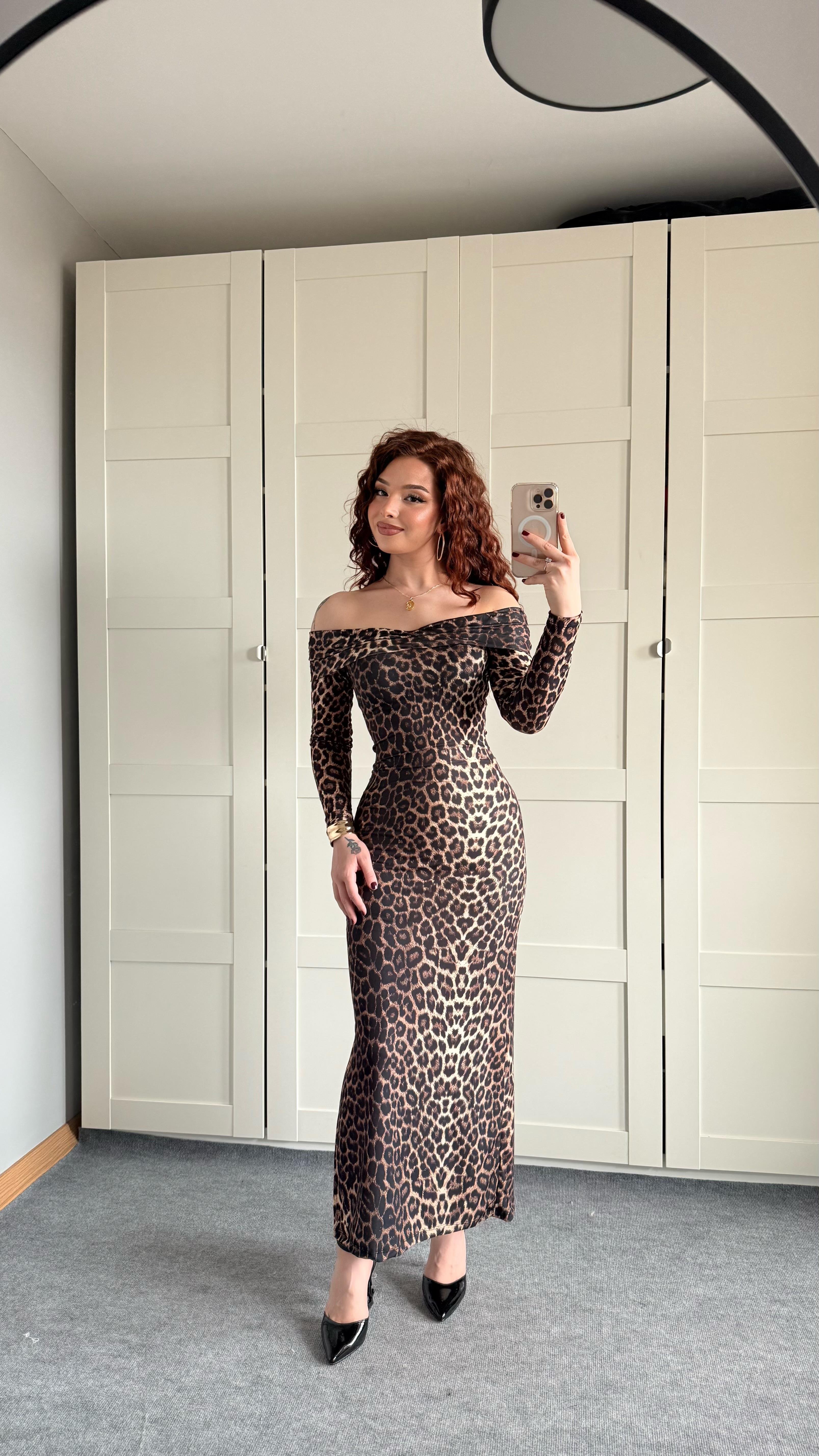 Star Elbise Uzun Kollu Leopar