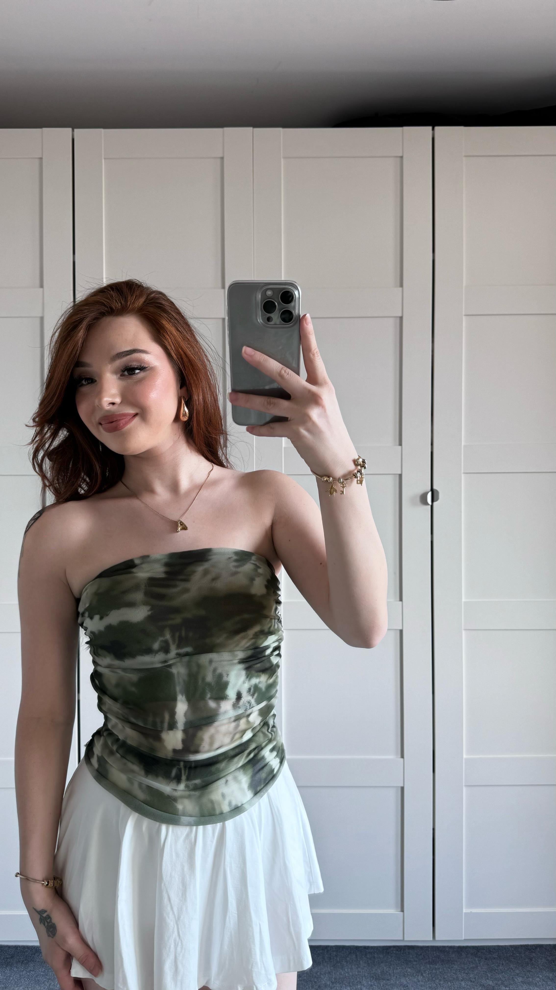 Straplez Asker Yeşili Tül Crop