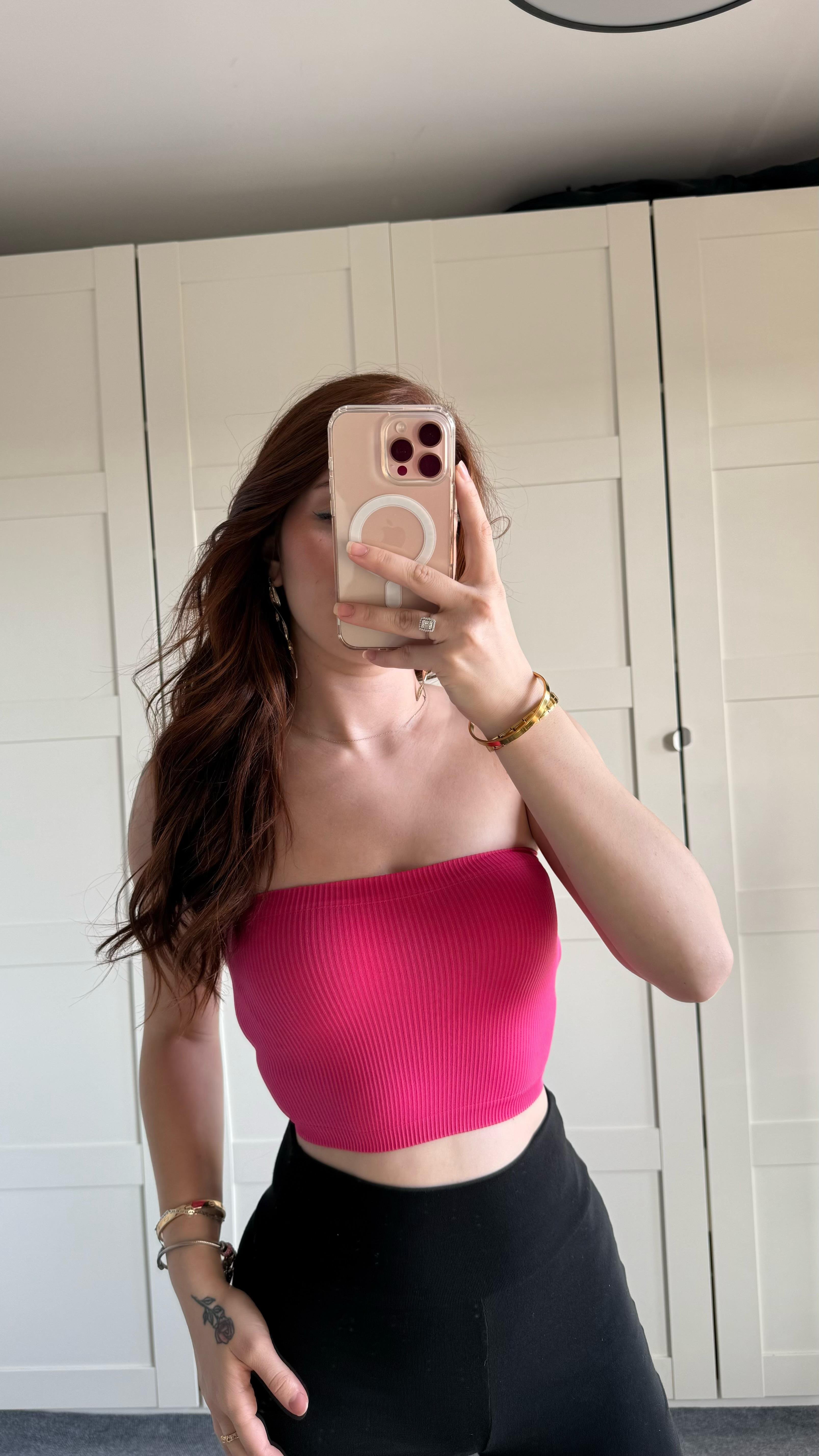 Straplez Fitilli Crop Fuşya