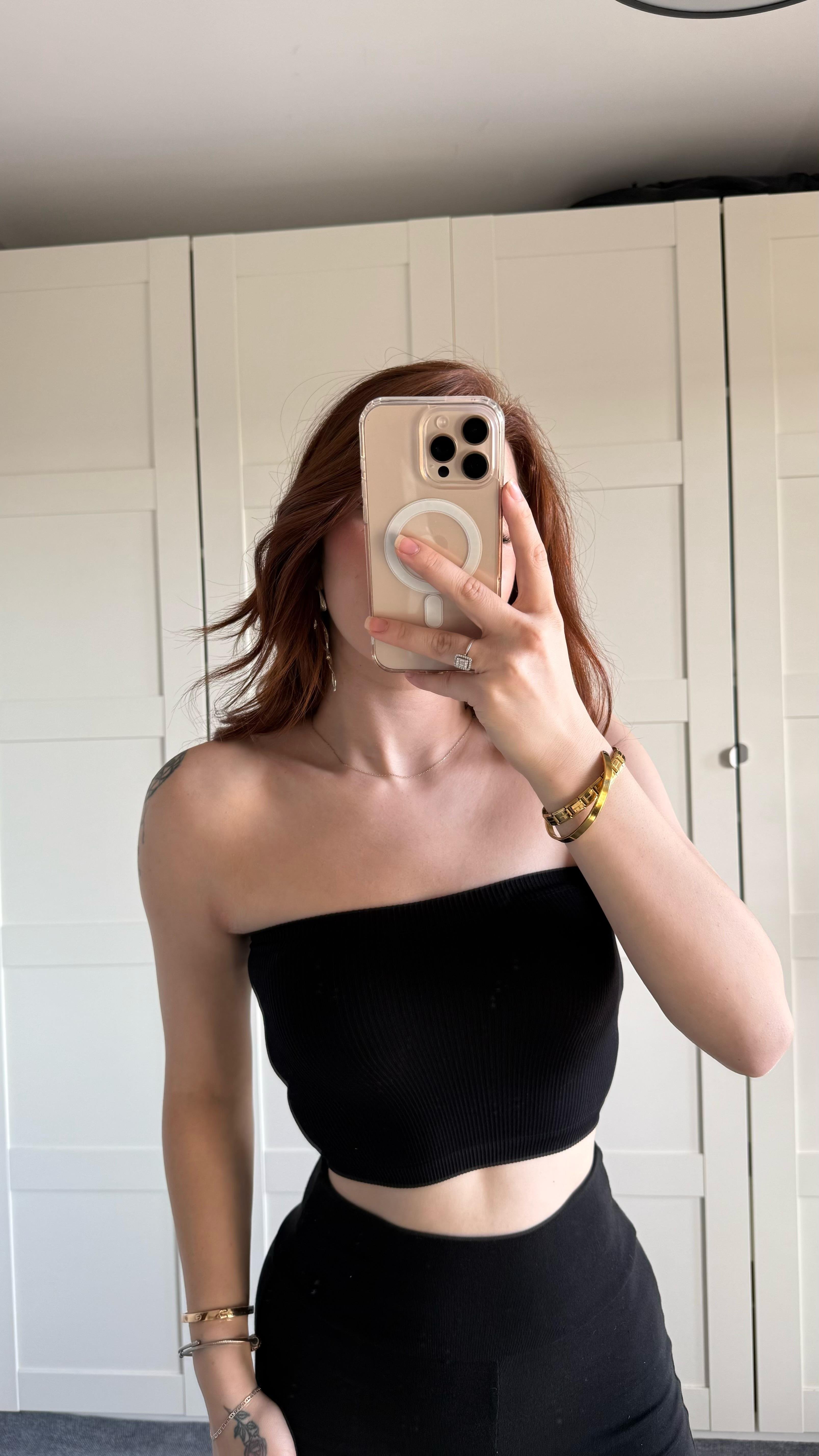 Straplez Fitilli Crop Siyah