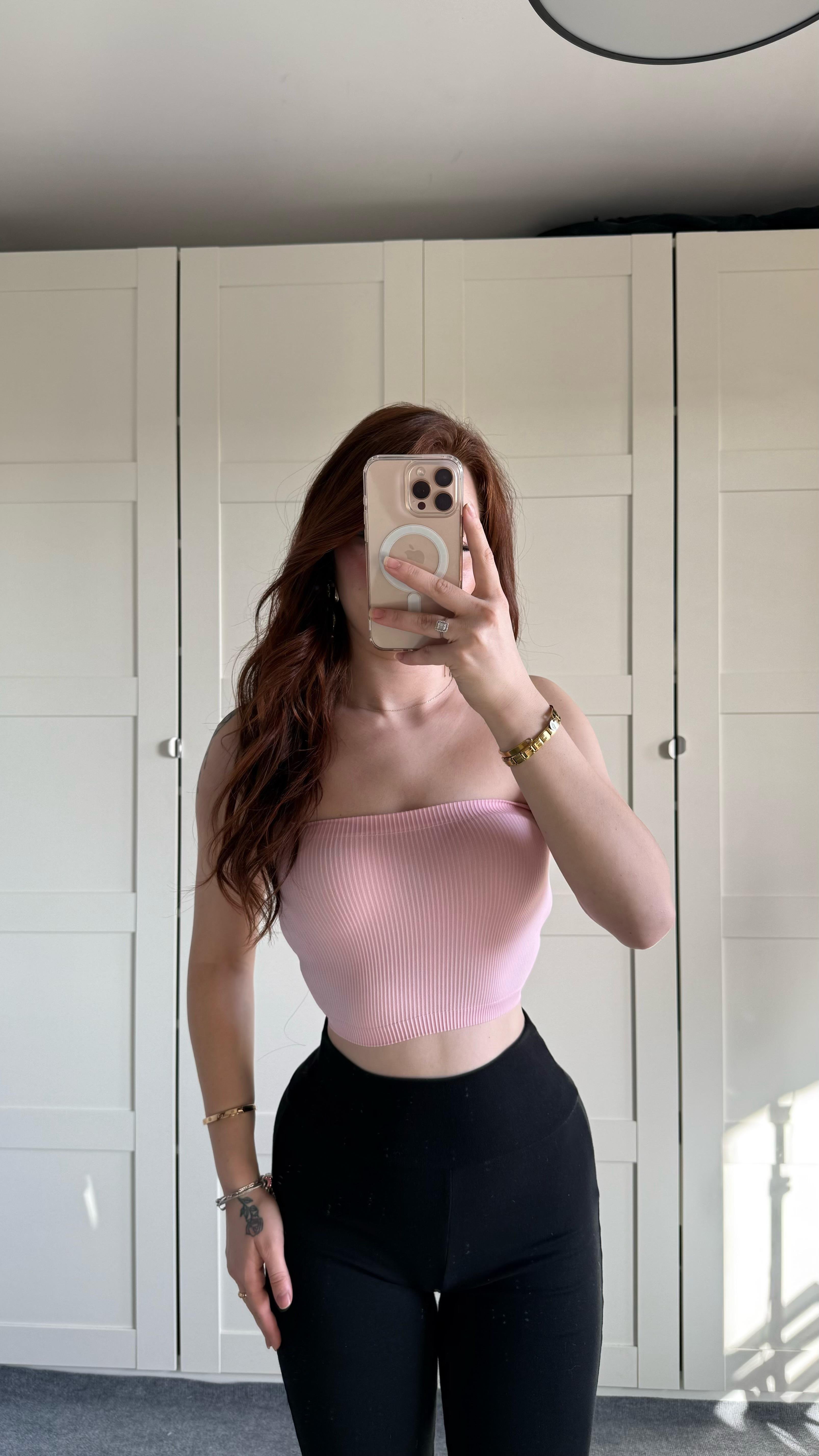 Straplez Fitilli Crop Toz Pembe