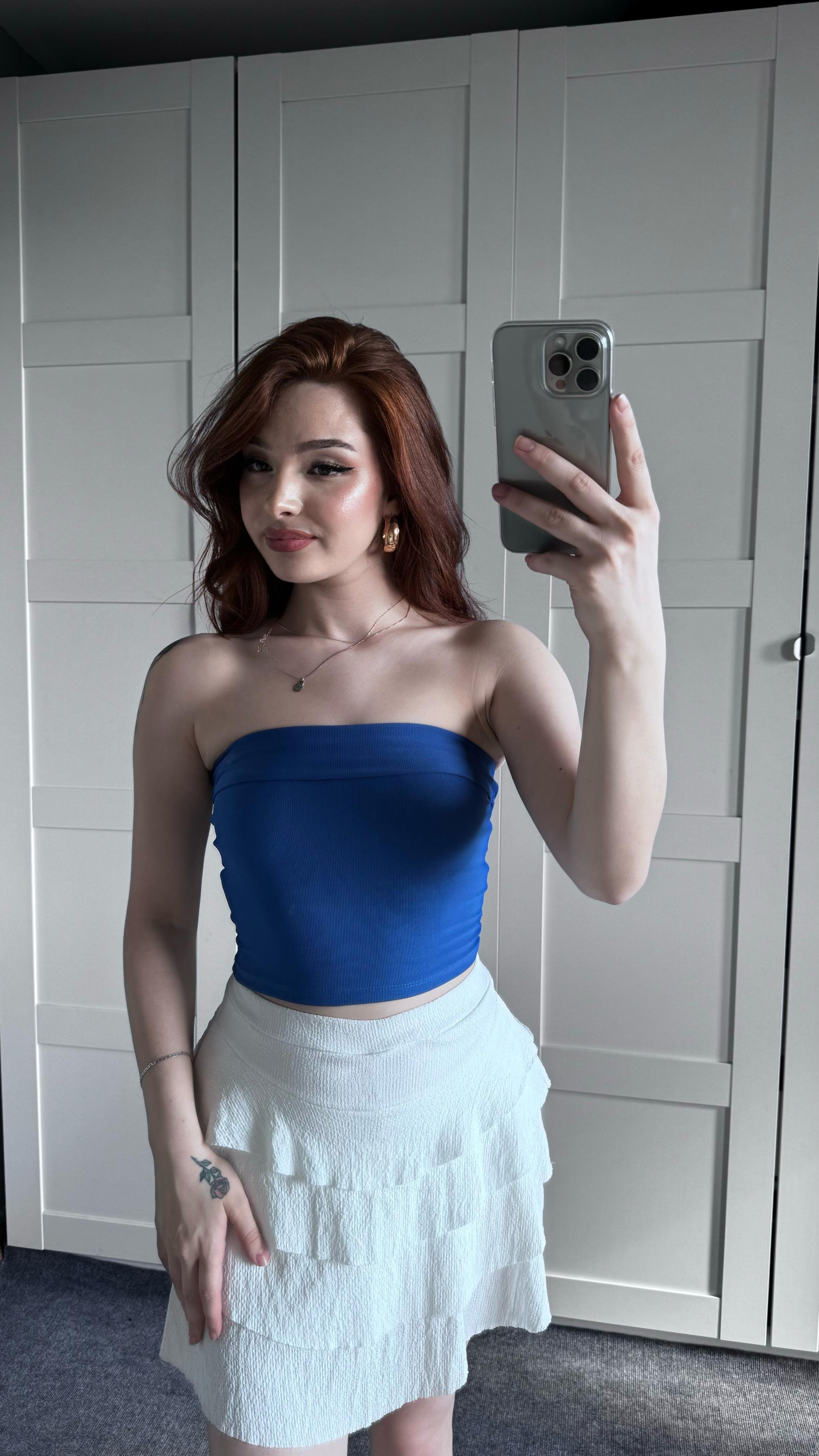 Straplez Katlamalı Crop Mavi