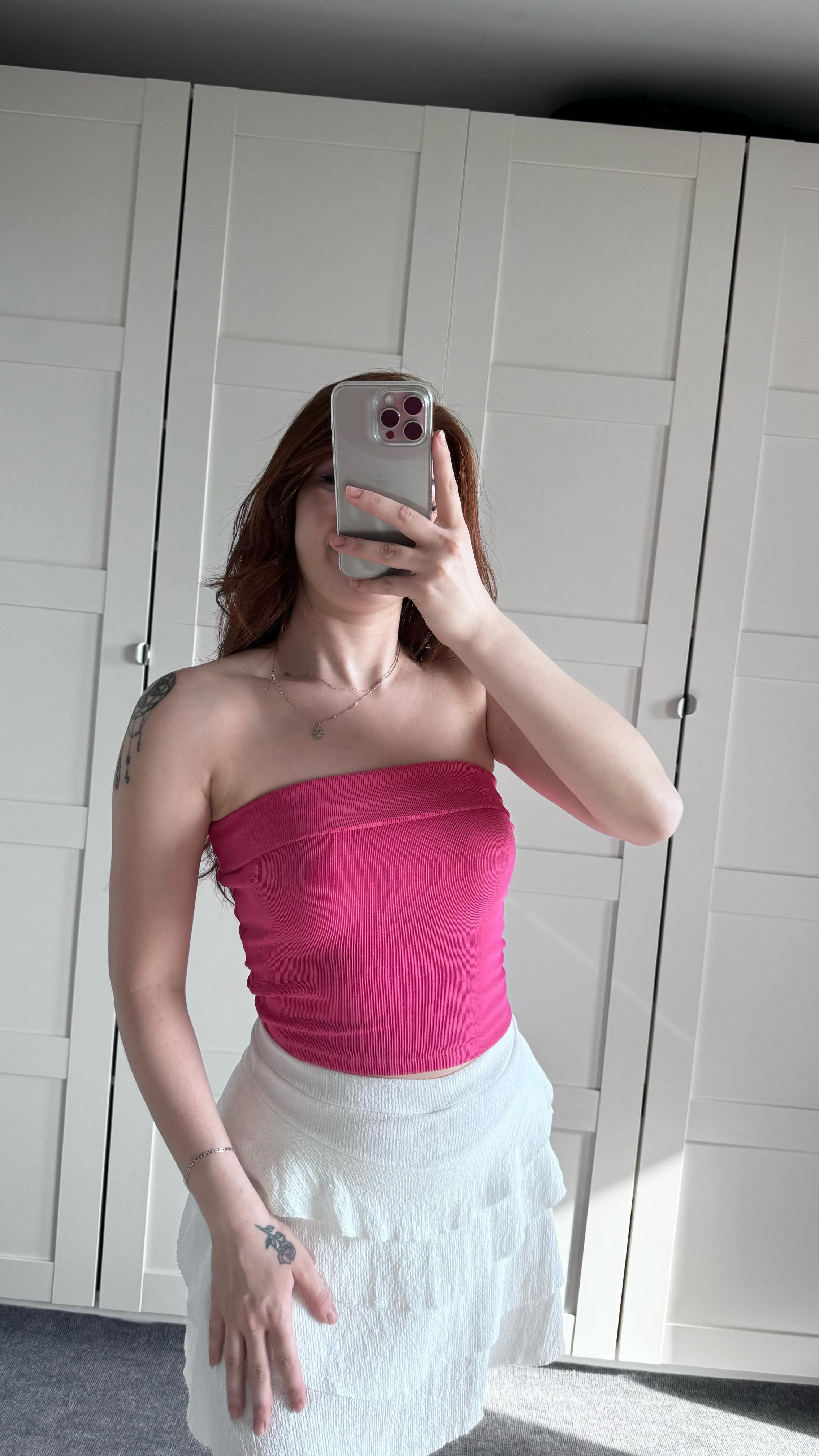 Straplez Katlamalı Crop Pembe