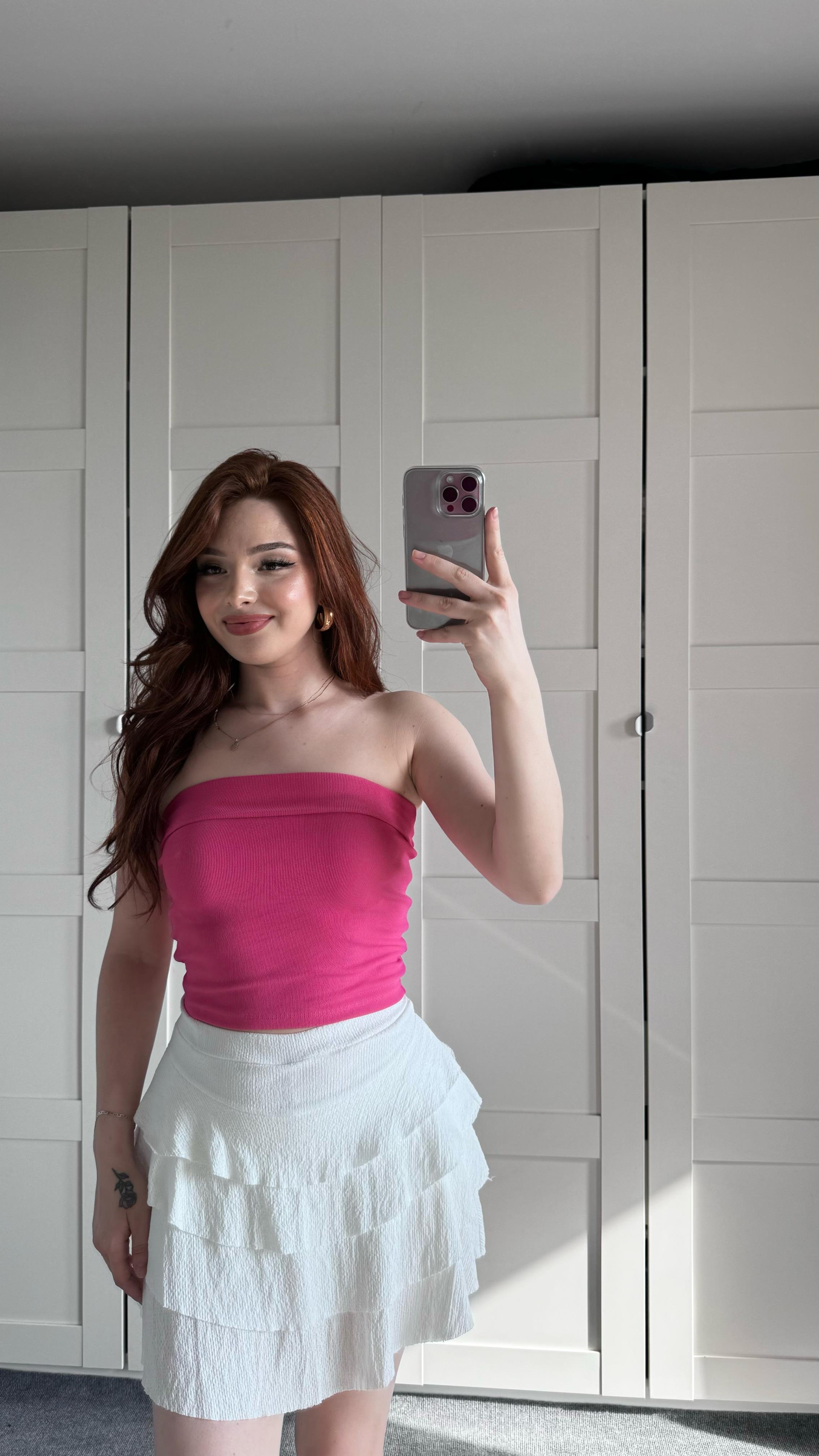 Straplez Katlamalı Crop Pembe