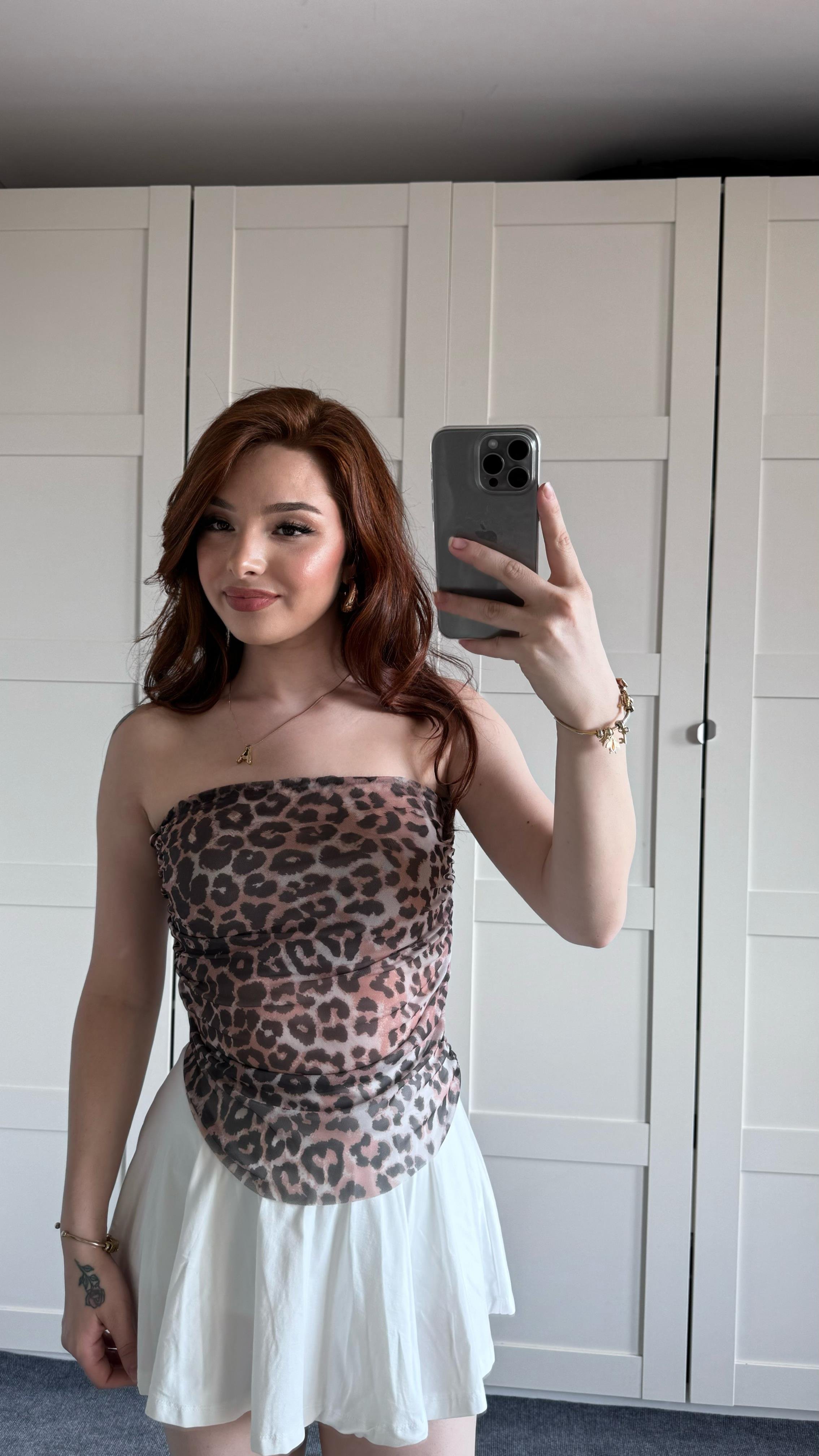 Straplez Leopar Tül Crop