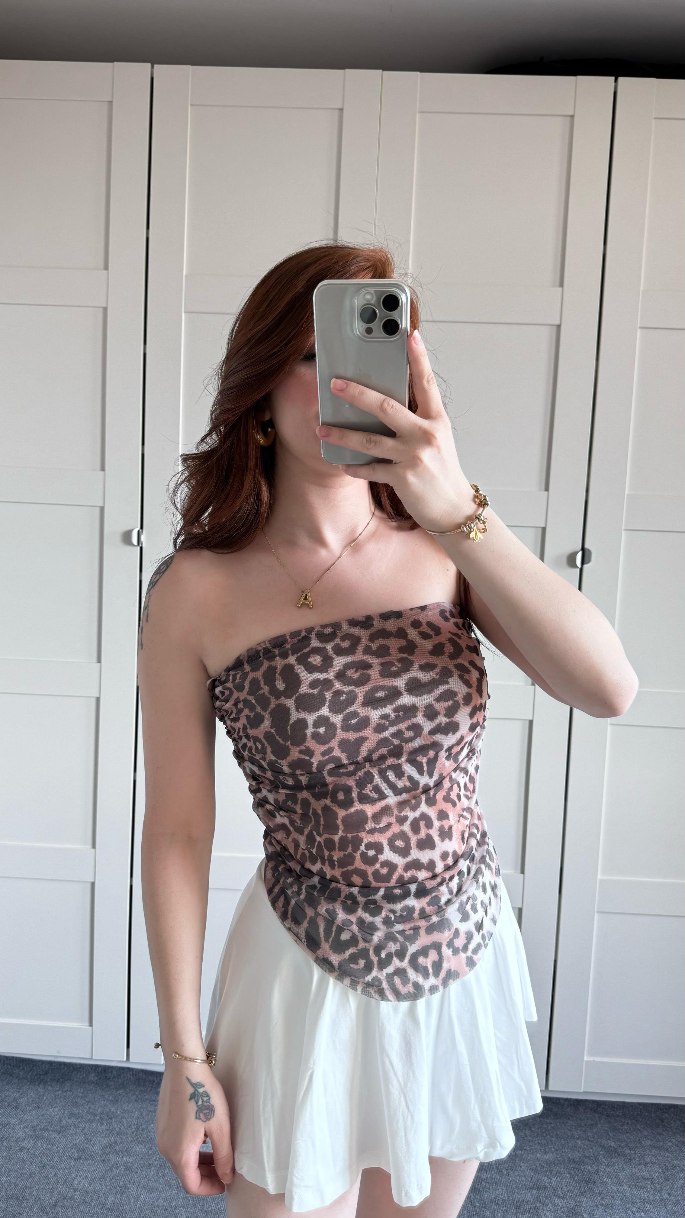 Straplez Leopar Tül Crop