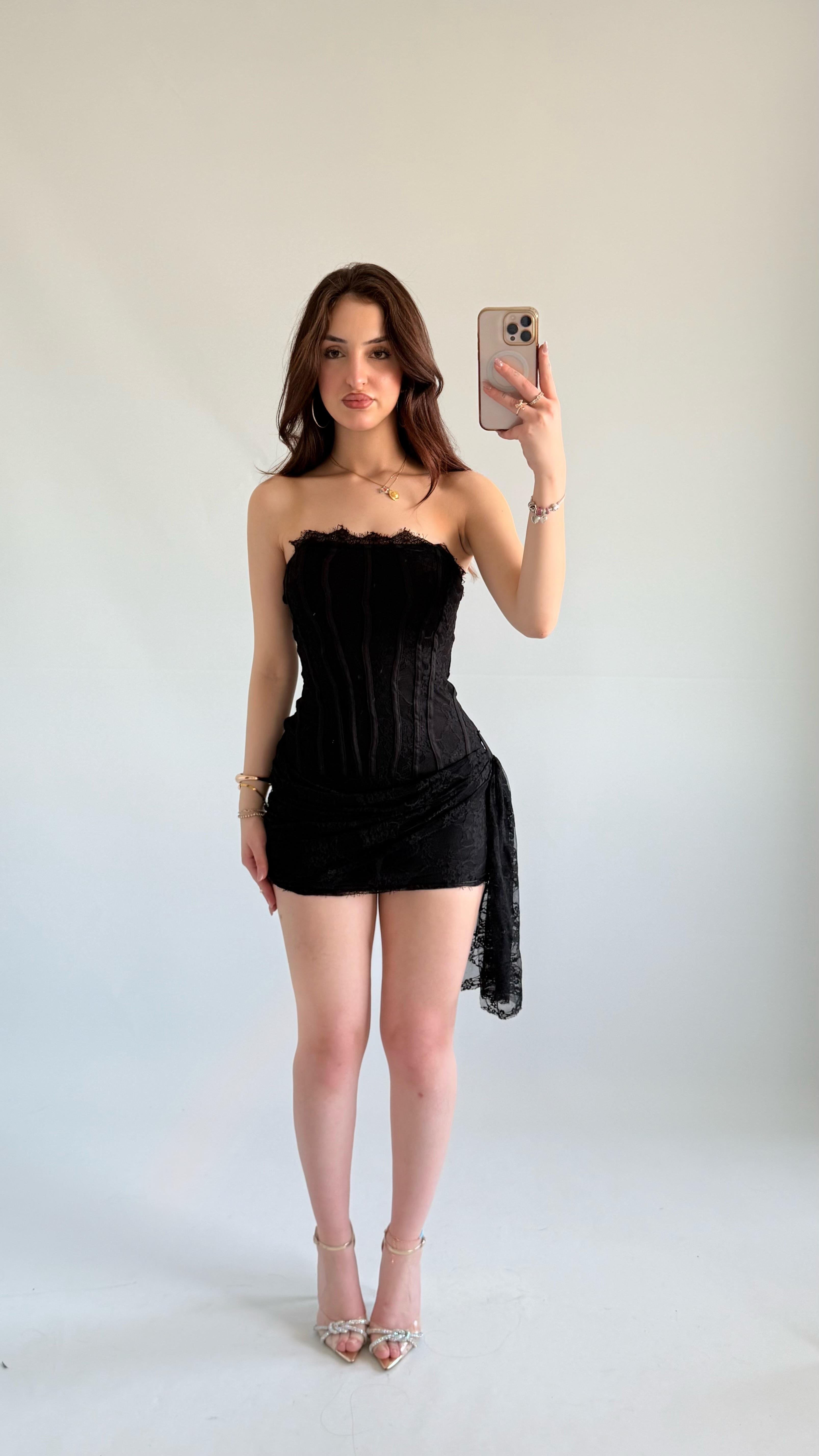 Straplez Mini Dantel Elbise Siyah