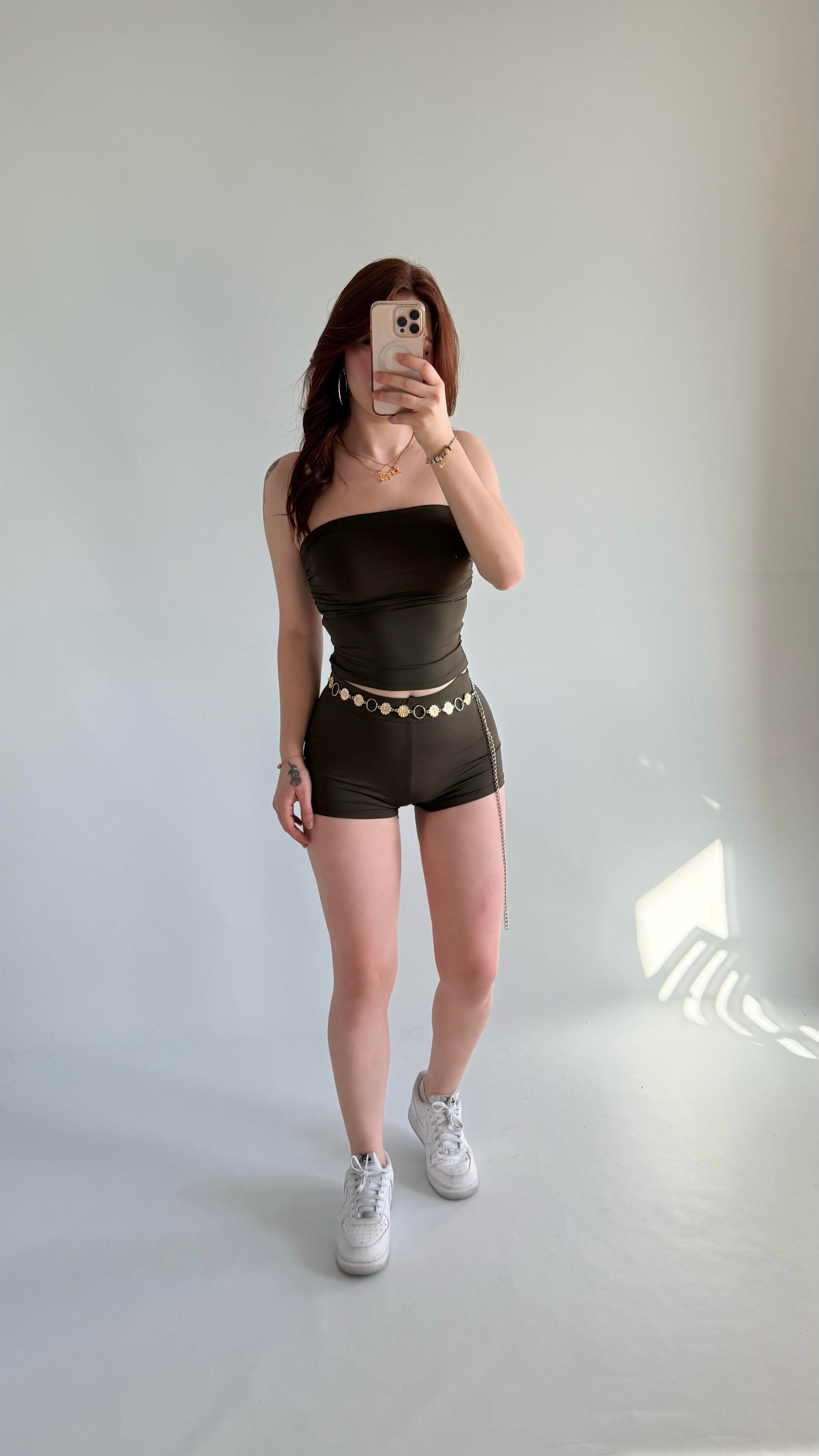 Straplez Mini Şort Takım Haki