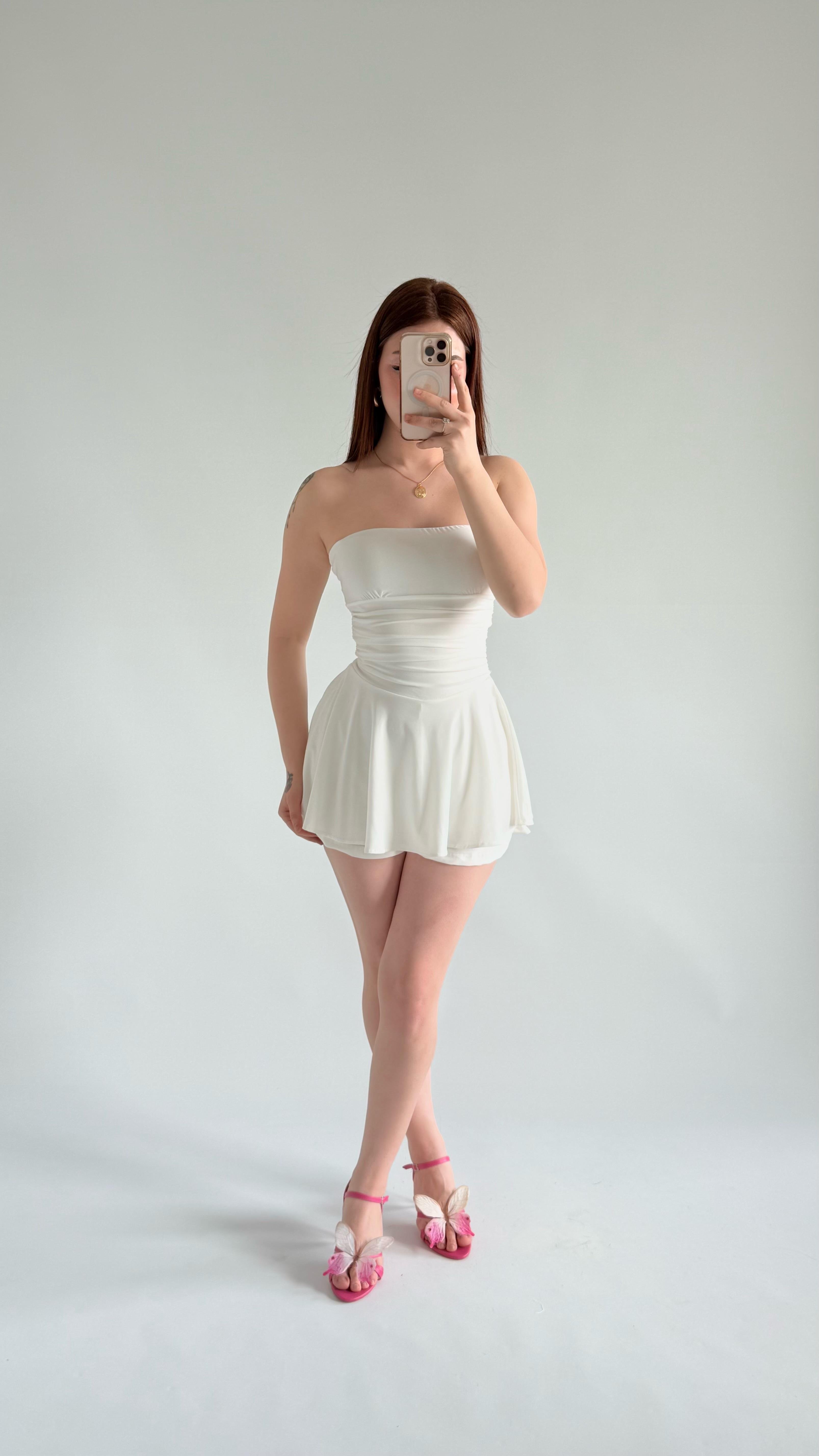 Straplez Şortlu Mini Sandy Elbise Beyaz