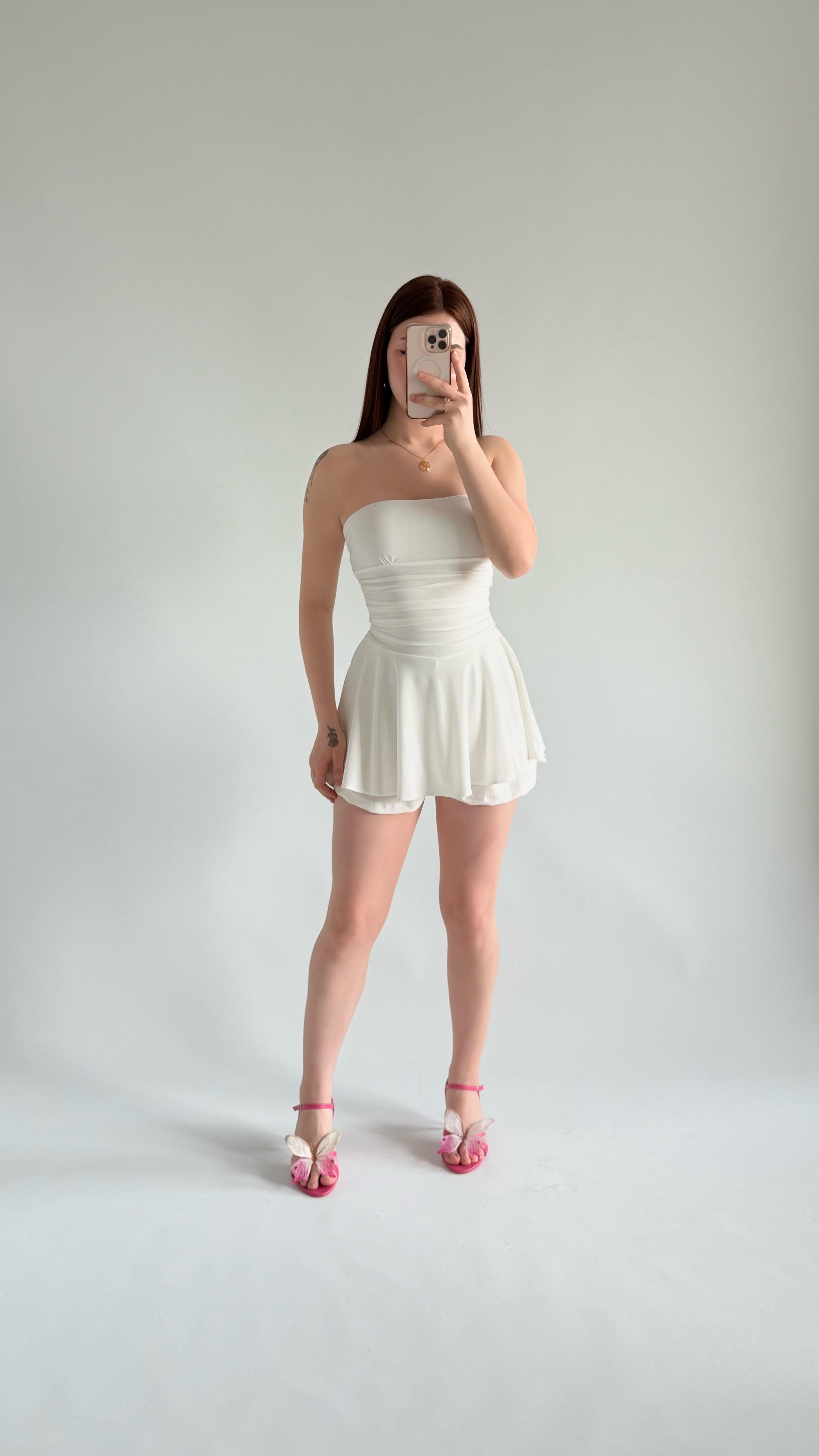 Straplez Şortlu Mini Sandy Elbise Beyaz