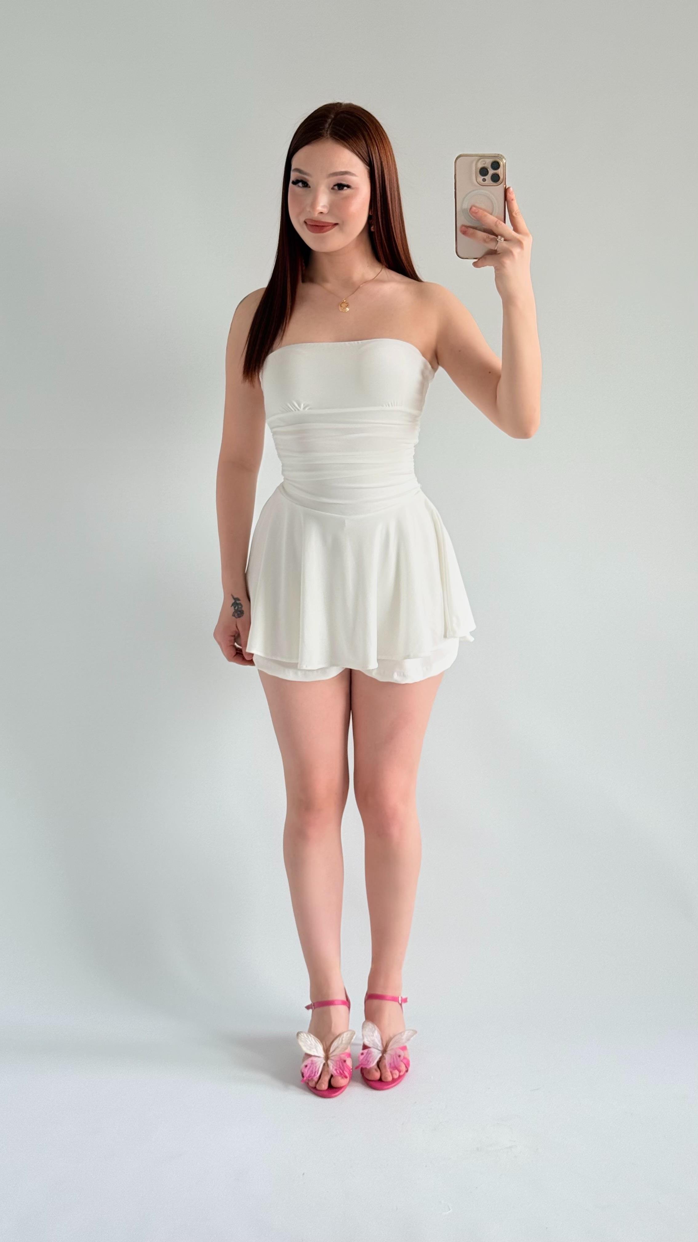 Straplez Şortlu Mini Sandy Elbise Beyaz