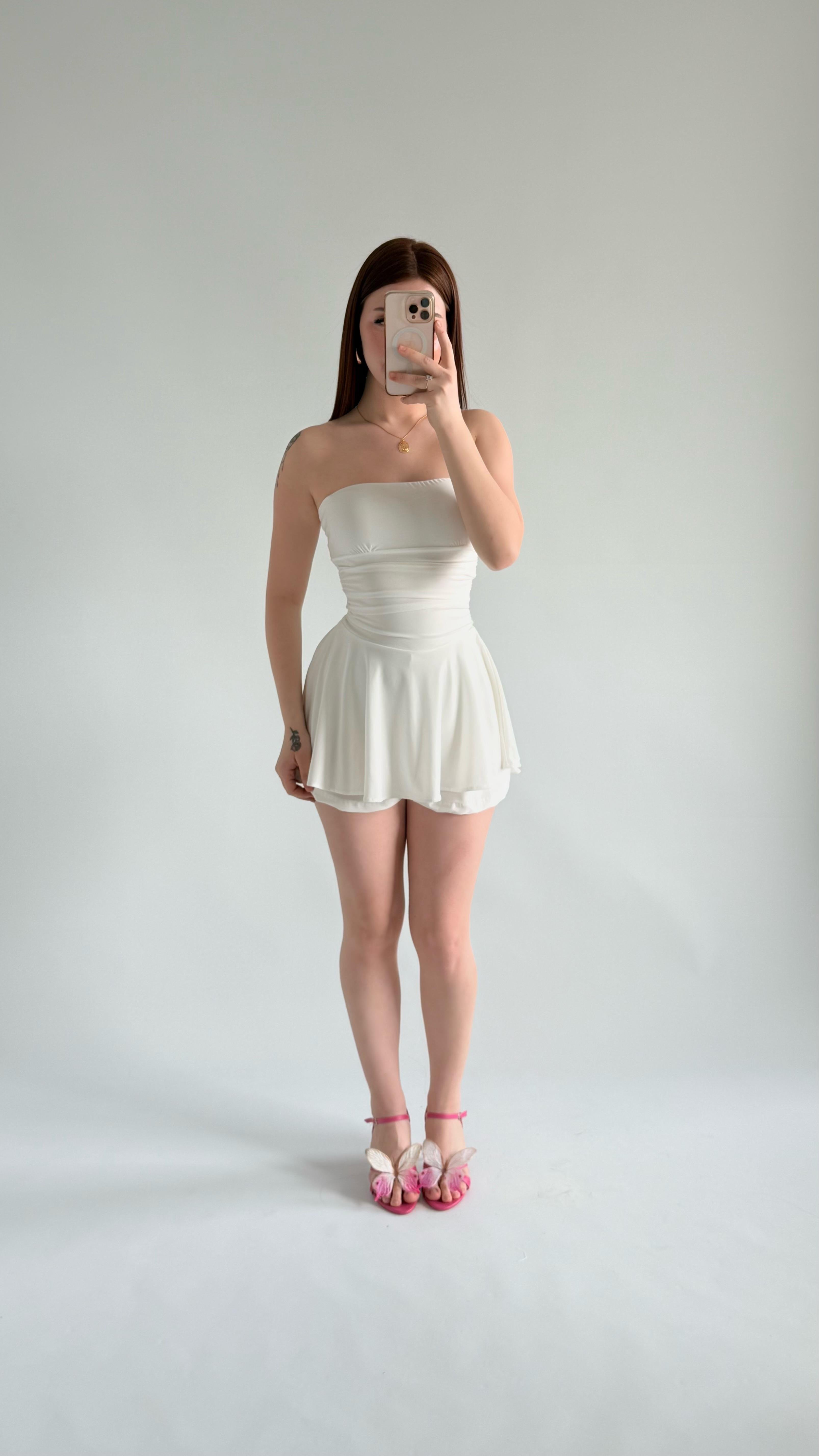 Straplez Şortlu Mini Sandy Elbise Beyaz