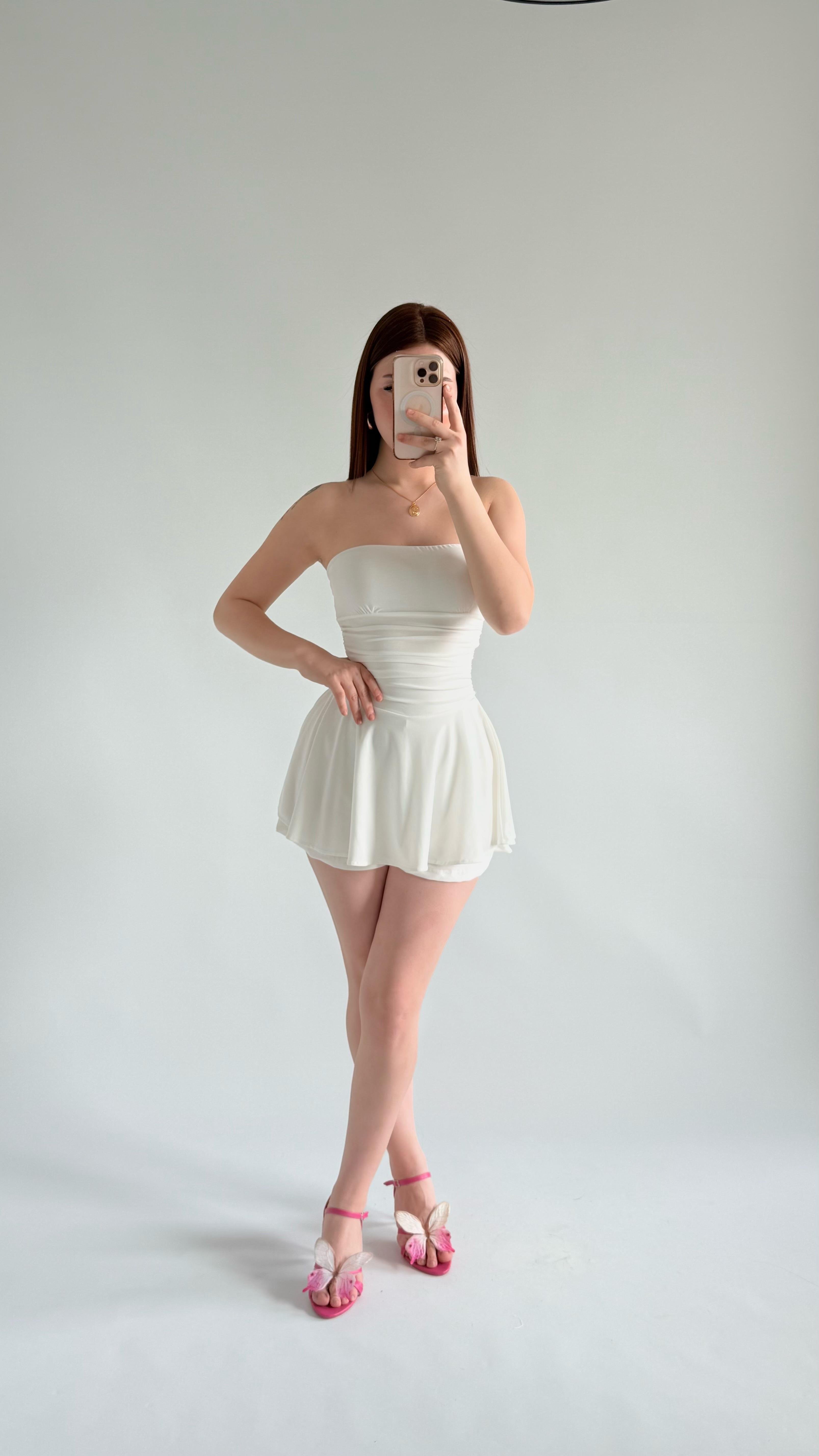 Straplez Şortlu Mini Sandy Elbise Beyaz