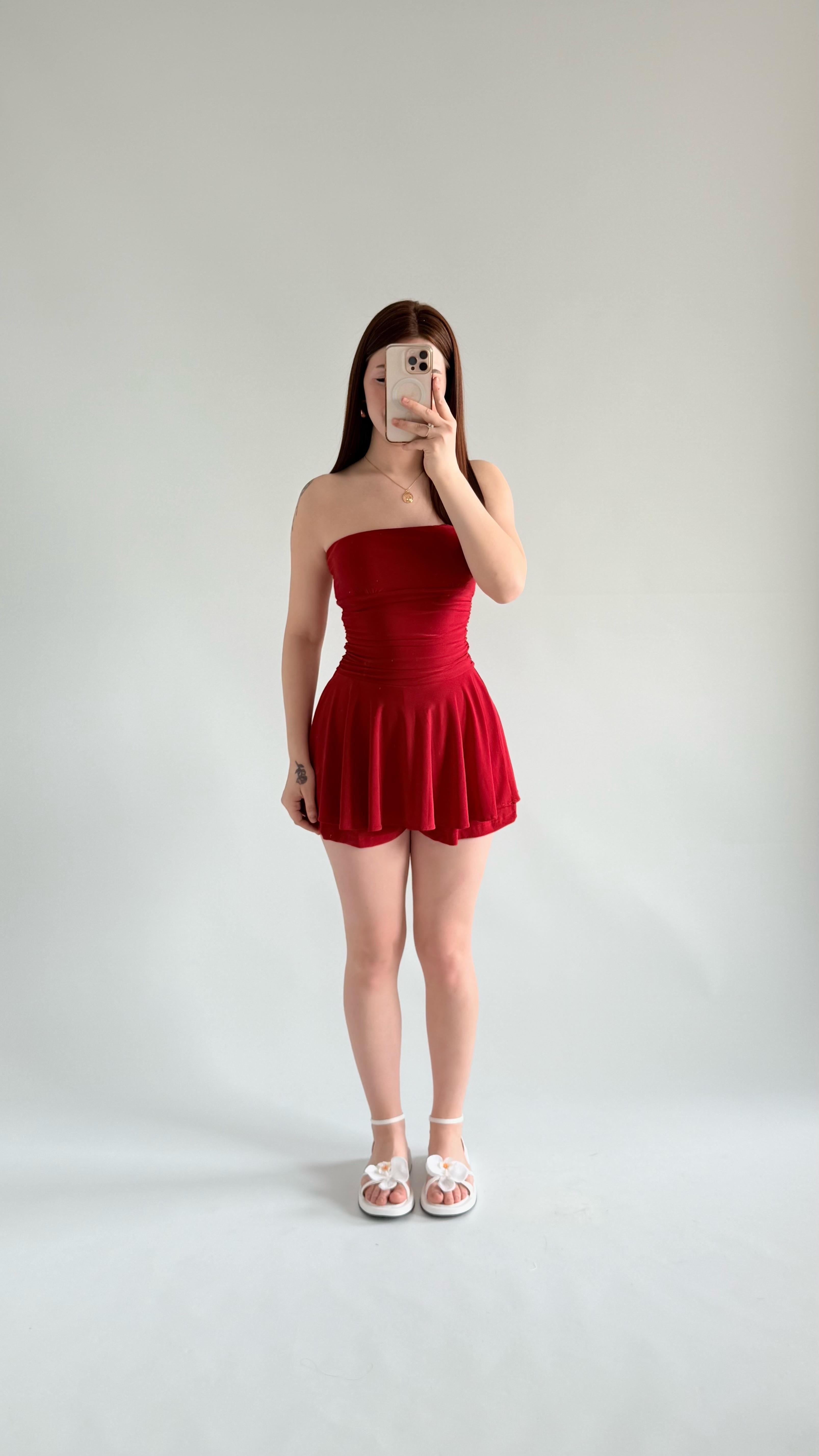 Straplez Şortlu Mini Sandy Elbise Kırmızı