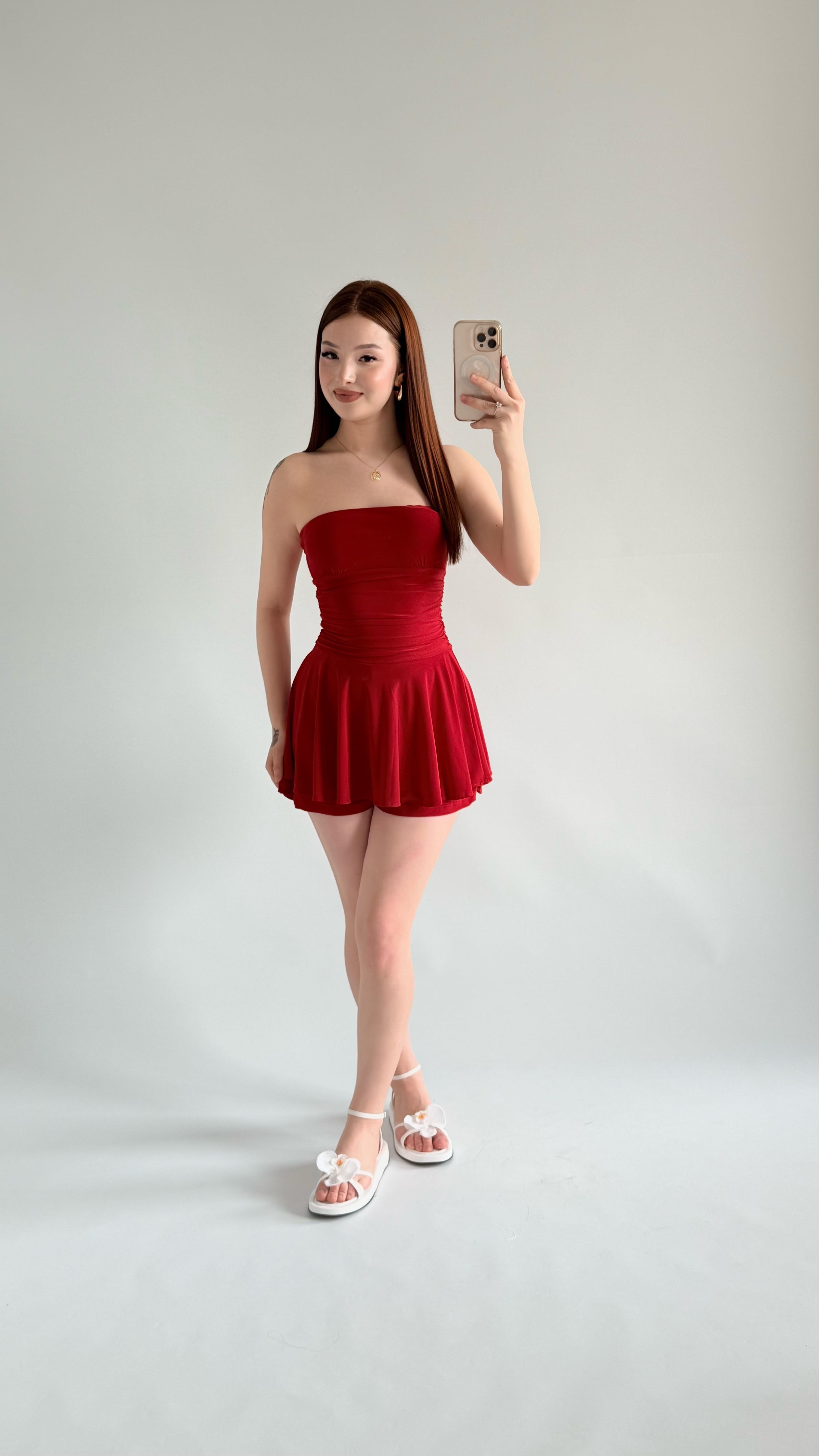 Straplez Şortlu Mini Sandy Elbise Kırmızı