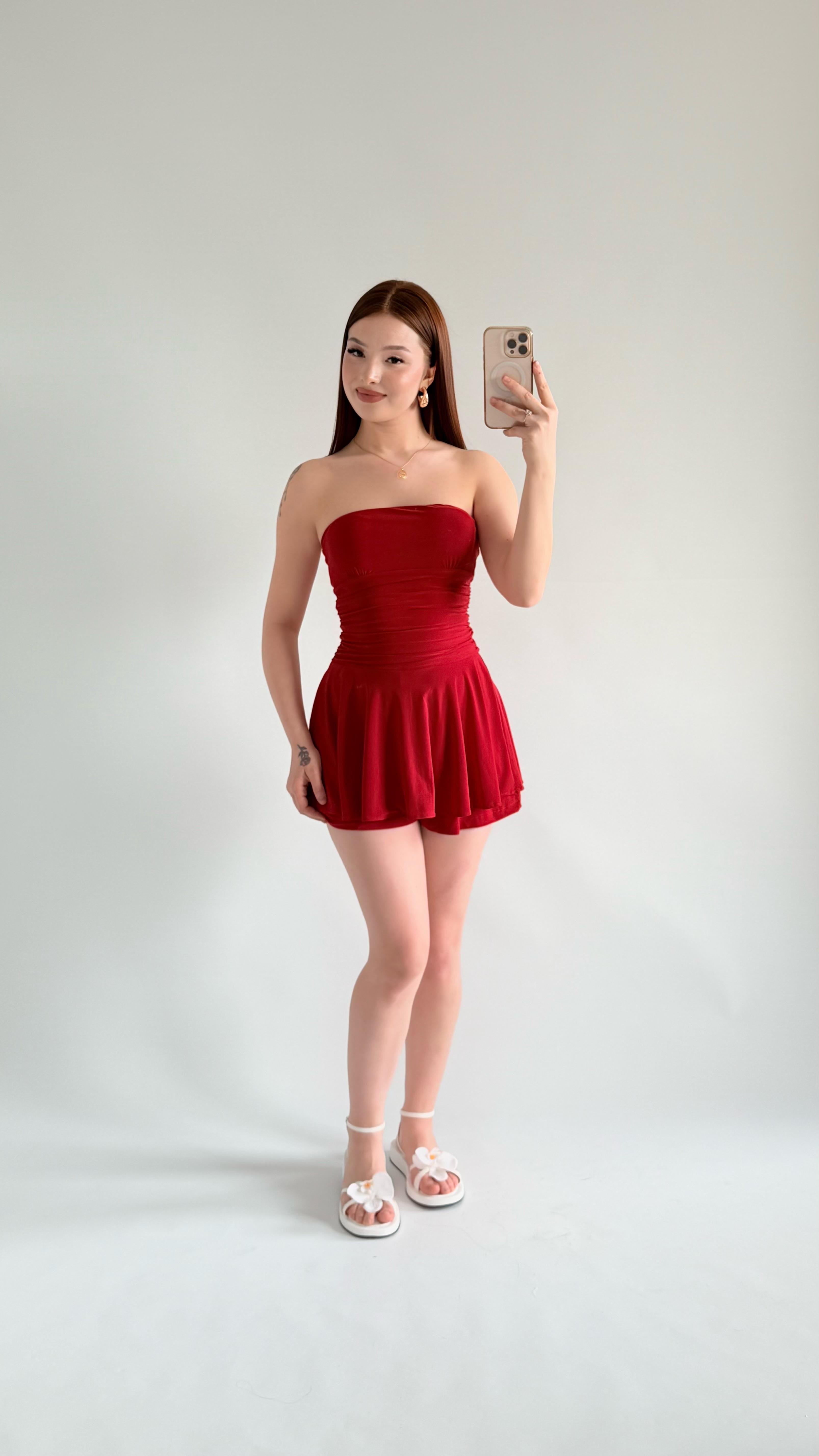 Straplez Şortlu Mini Sandy Elbise Kırmızı