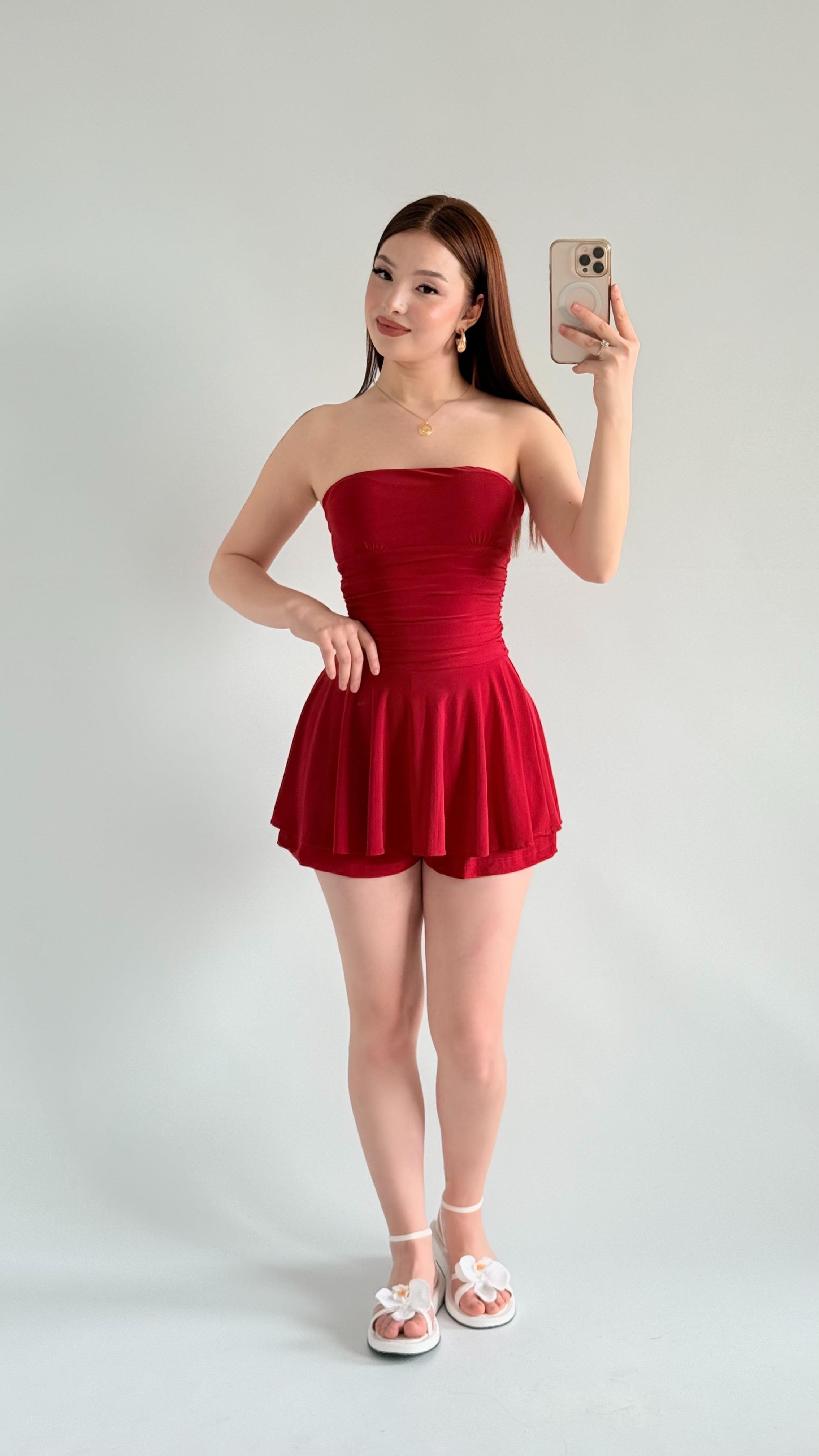 Straplez Şortlu Mini Sandy Elbise Kırmızı